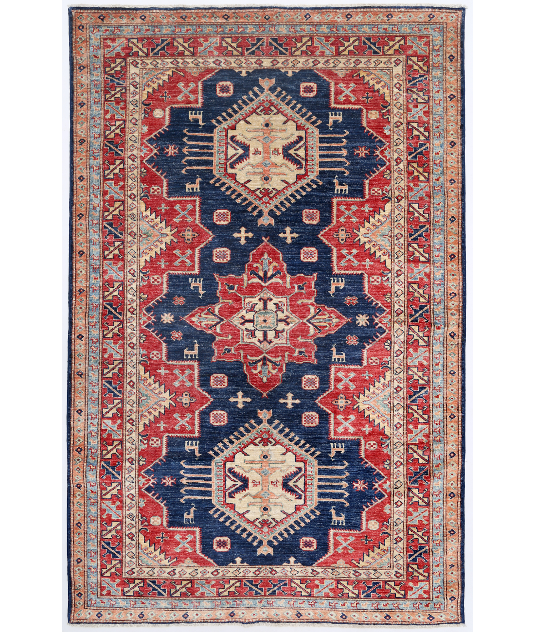 Hand Knotted Kazak Wool Rug 4' 9" X 7' 5" 4' 9" X 7' 5" (145 X 226) / Blue / Red