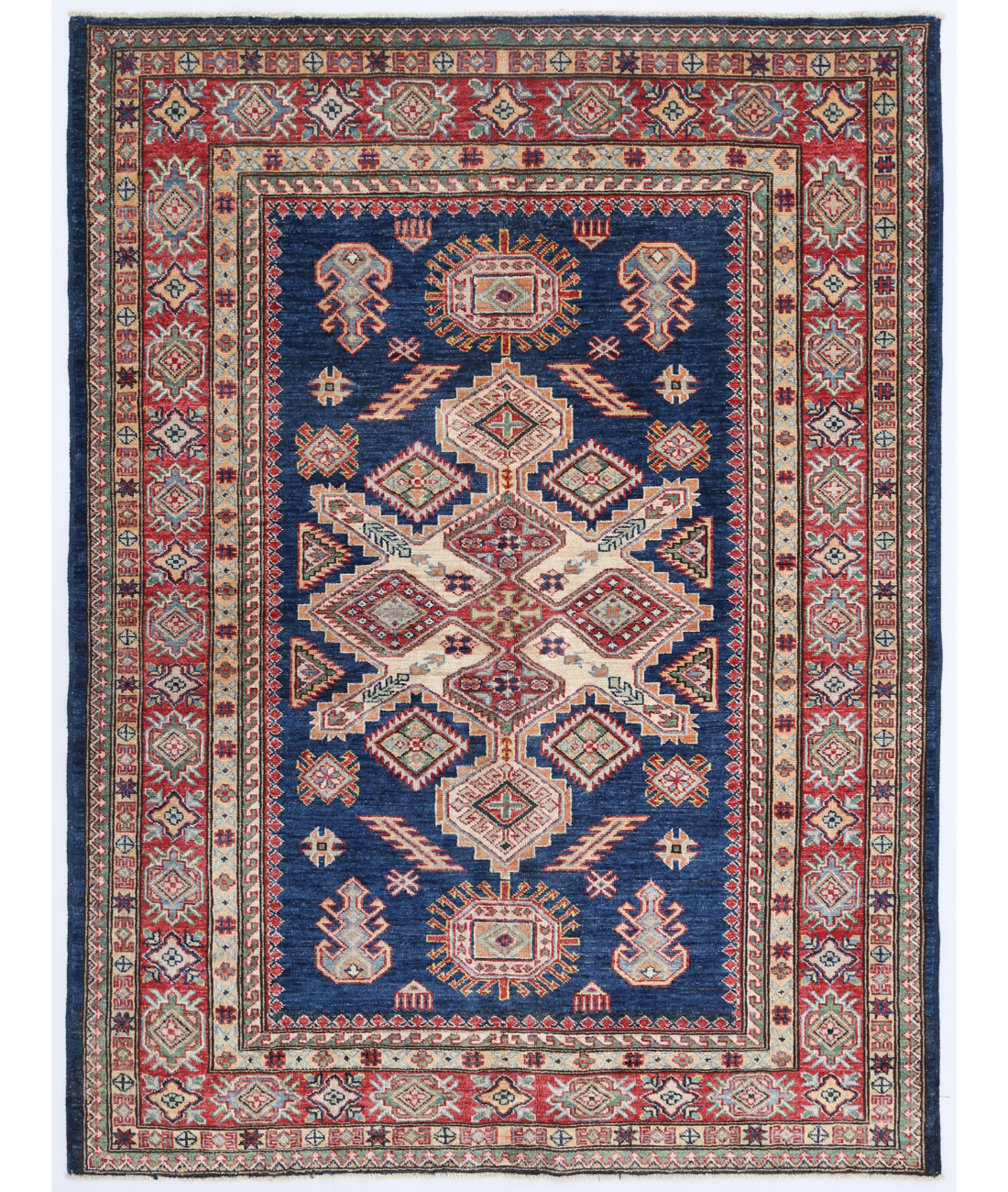 Hand Knotted Kazak Wool Rug 4' 11" X 6' 8" 4' 11" X 6' 8" (150 X 203) / Blue / Red