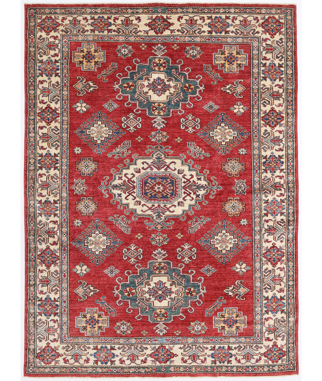 Hand Knotted Kazak Wool Rug 5' 8" X 7' 7" 5' 8" X 7' 7" (173 X 231) / Red / Ivory