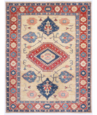 Hand Knotted Kazak Wool Rug 4' 11" X 6' 4" 4' 11" X 6' 4" (150 X 193) / Ivory / Red