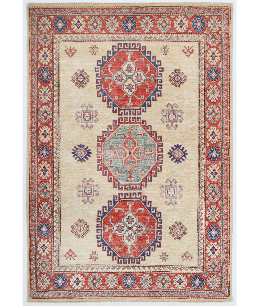 Hand Knotted Kazak Wool Rug 4' 11" X 7' 1" 4' 11" X 7' 1" (150 X 216) / Ivory / Red