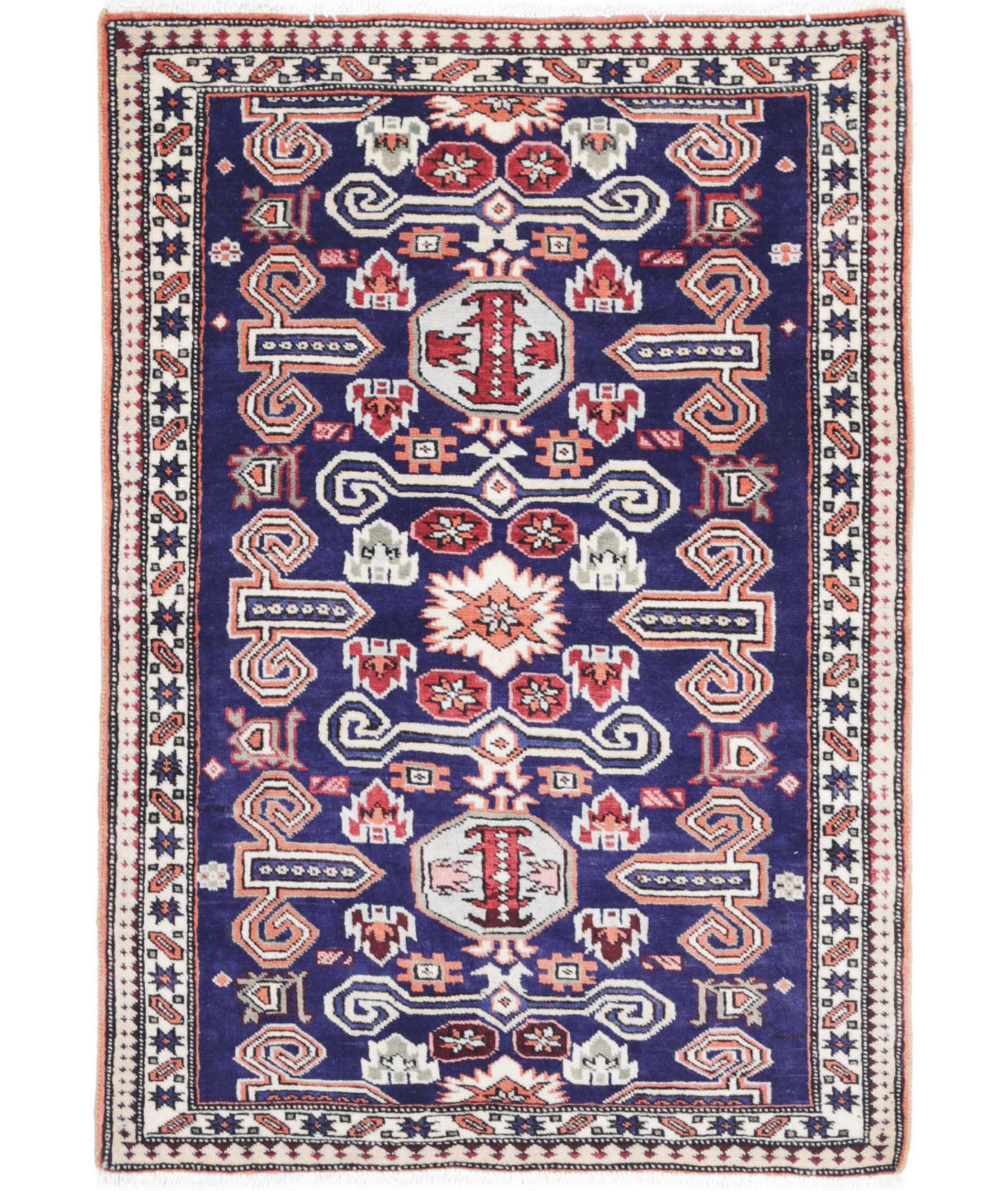 Kazak 2'5'' X 3'7'' Hand-Knotted Wool Rug 2'5'' x 3'7'' (73 X 108) / Blue / Ivory