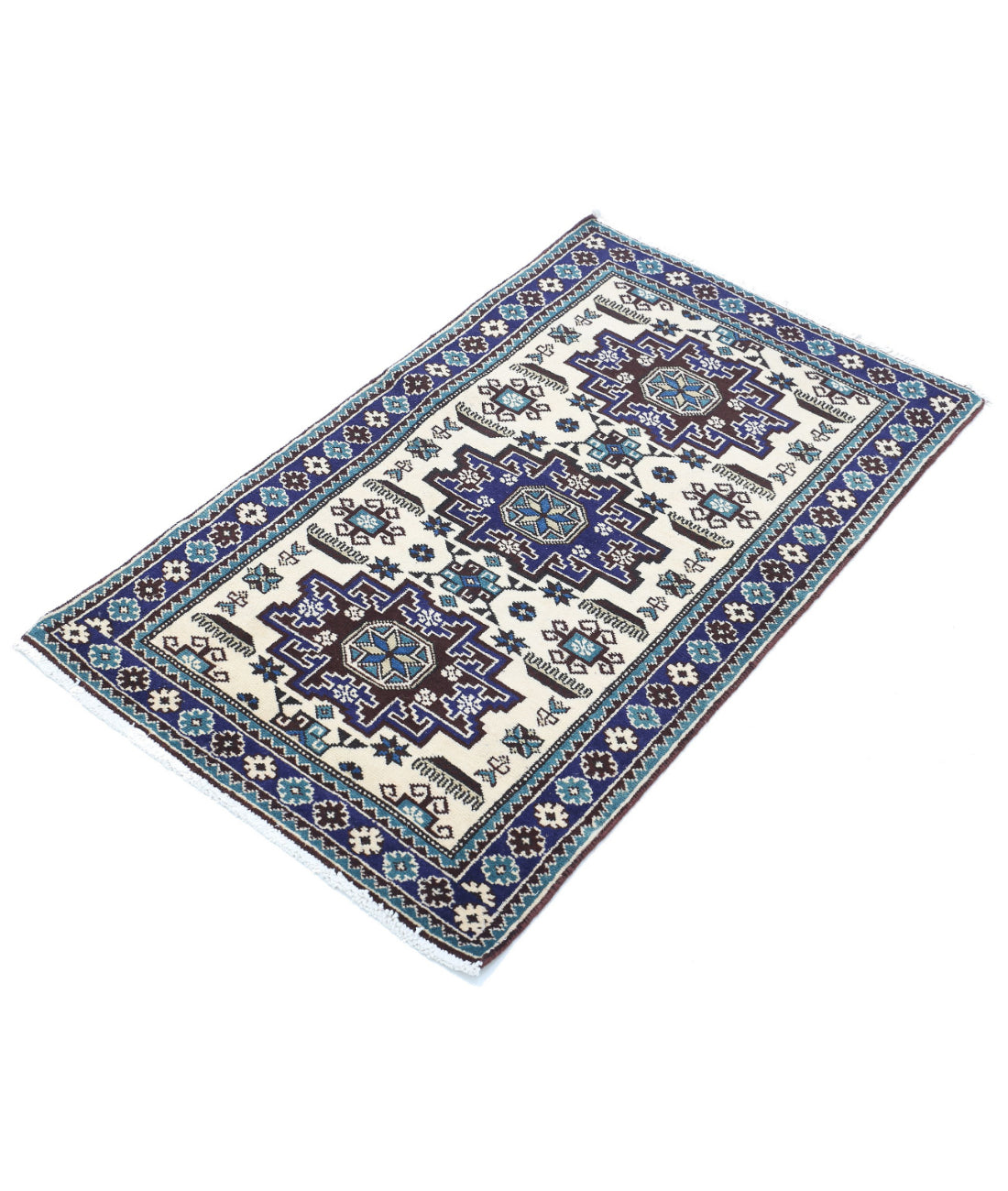 Kazak 2'3'' X 3'9'' Hand-Knotted Wool Rug 2'3'' x 3'9'' (68 X 113) / Ivory / Blue