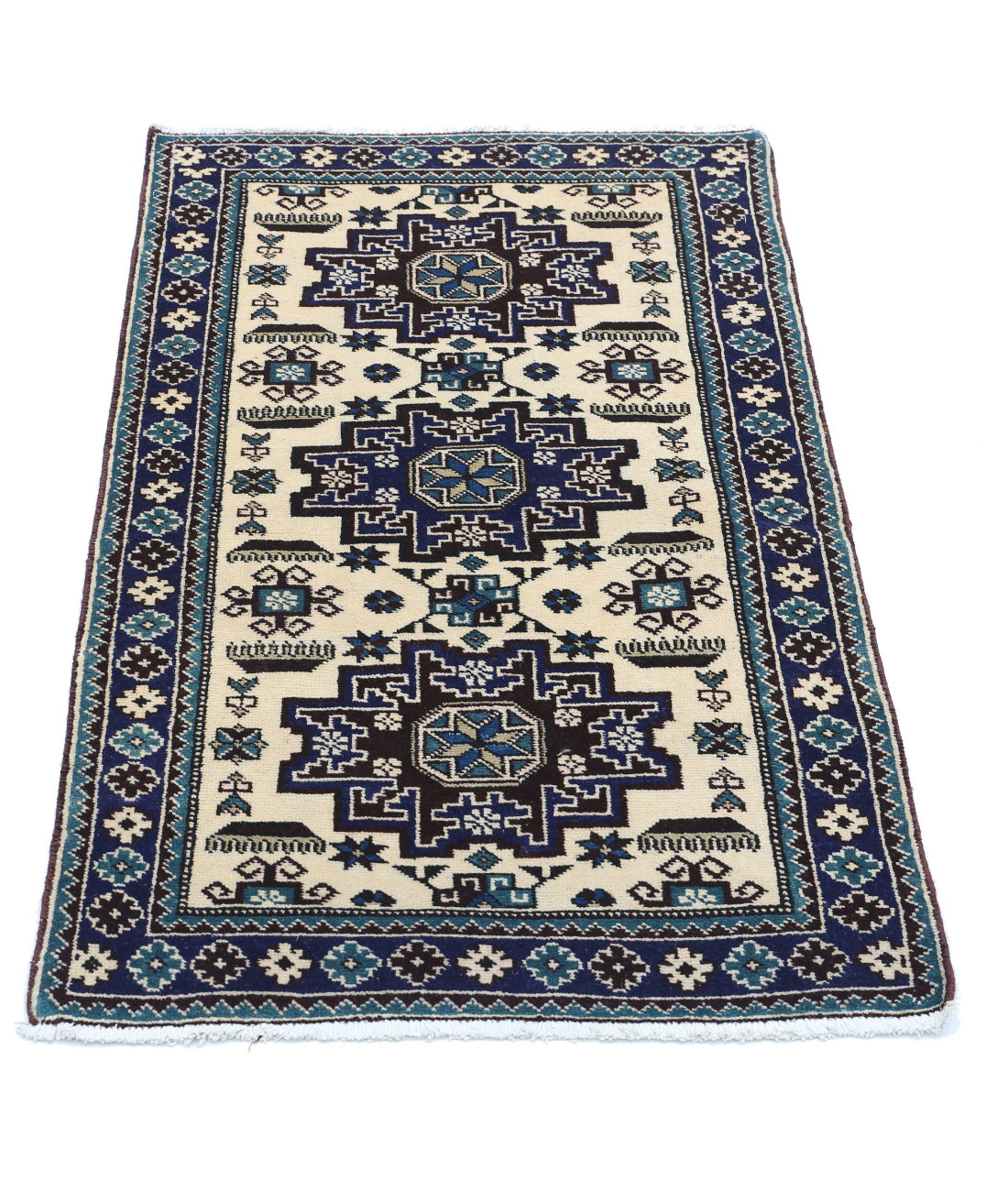 Kazak 2'3'' X 3'9'' Hand-Knotted Wool Rug 2'3'' x 3'9'' (68 X 113) / Ivory / Blue