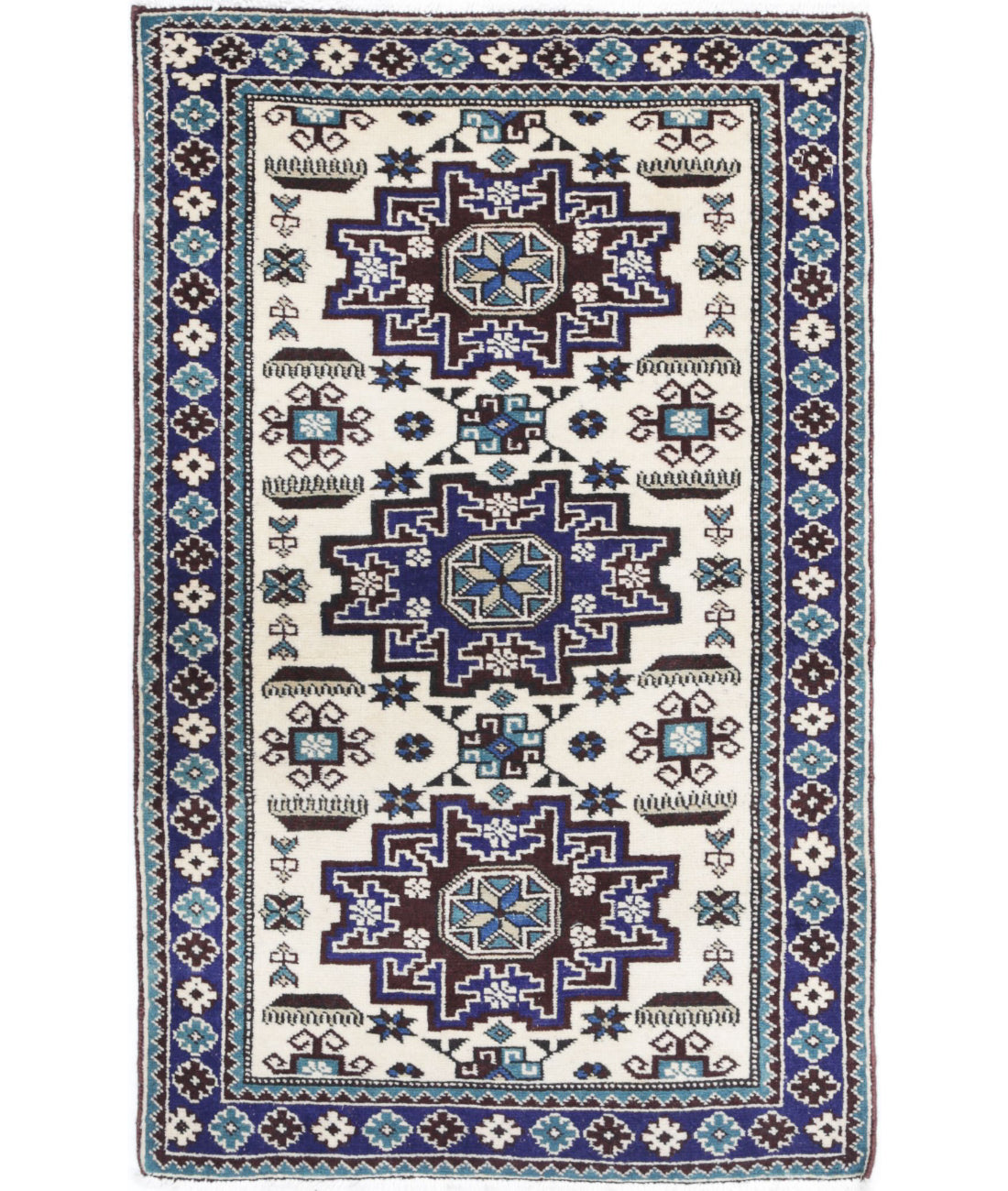 Kazak 2'3'' X 3'9'' Hand-Knotted Wool Rug 2'3'' x 3'9'' (68 X 113) / Ivory / Blue