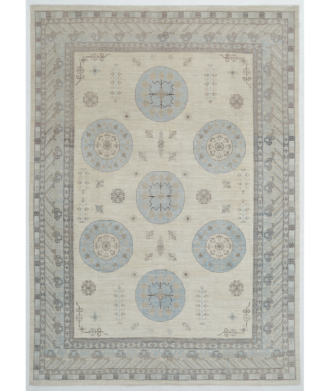 Hand Knotted Khotan Wool Rug 9' 10" X 13' 10" 9' 10" X 13' 10" (300 X 422) / Ivory / Blue