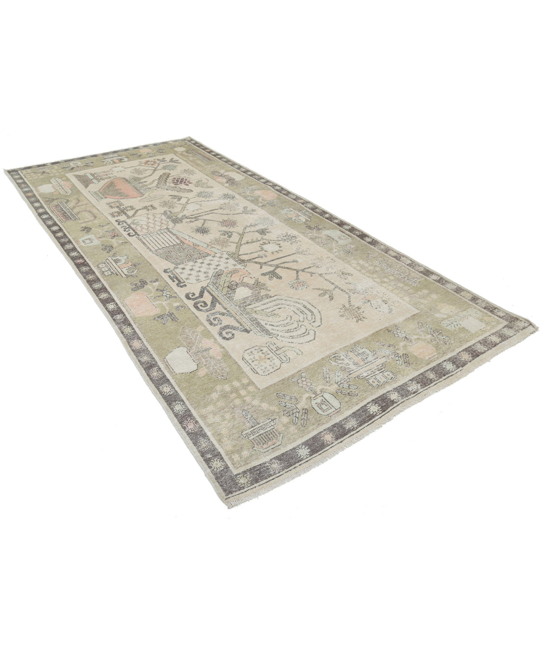 Khotan 5'5'' X 11'2'' Hand-Knotted Wool Rug 5'5'' x 11'2'' (163 X 335) / Ivory / Green