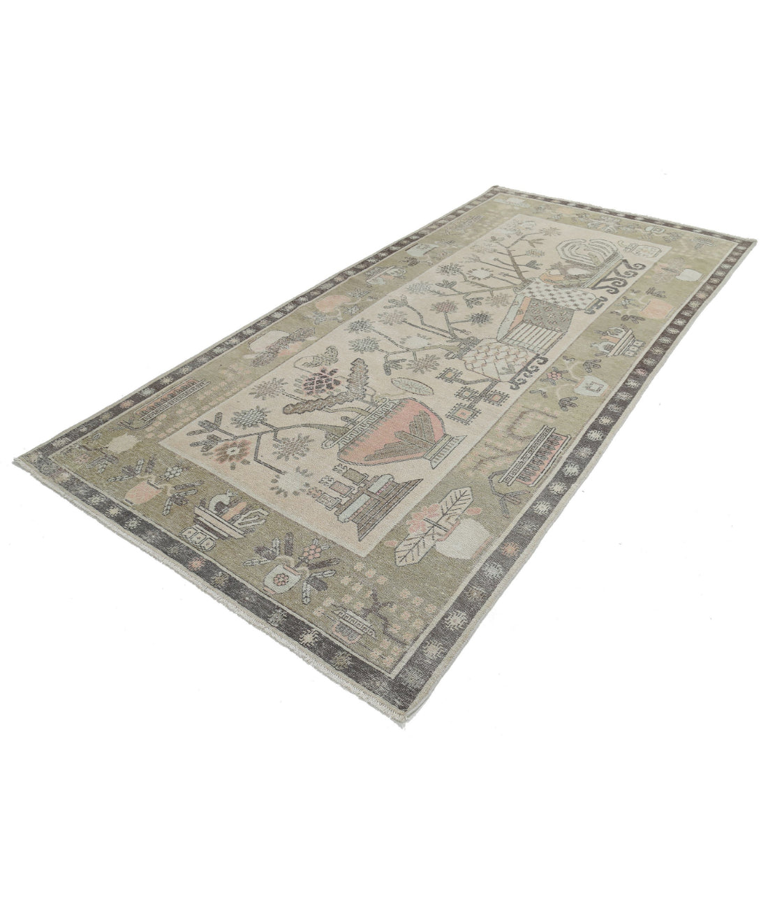 Khotan 5'5'' X 11'2'' Hand-Knotted Wool Rug 5'5'' x 11'2'' (163 X 335) / Ivory / Green