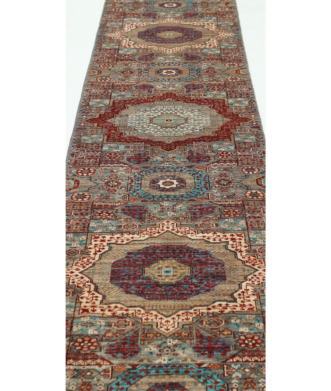 Mamluk 2'6'' X 19'6'' Hand-Knotted Wool Rug 2'6'' x 19'6'' (75 X 585) / Grey / Red