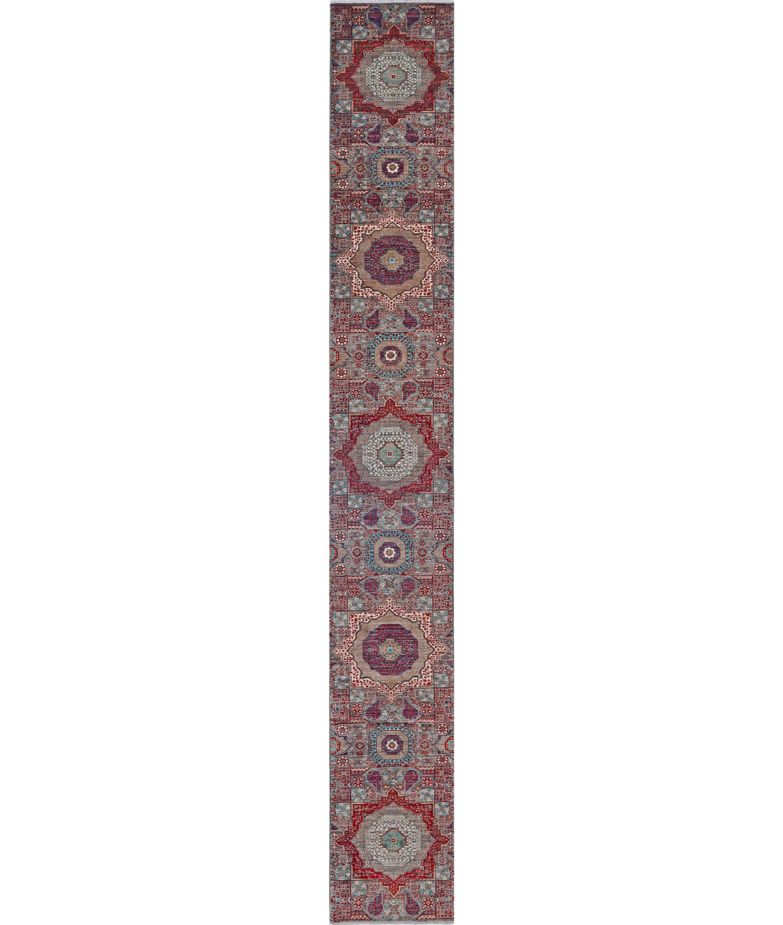 Mamluk 2'6'' X 19'6'' Hand-Knotted Wool Rug 2'6'' x 19'6'' (75 X 585) / Grey / Red