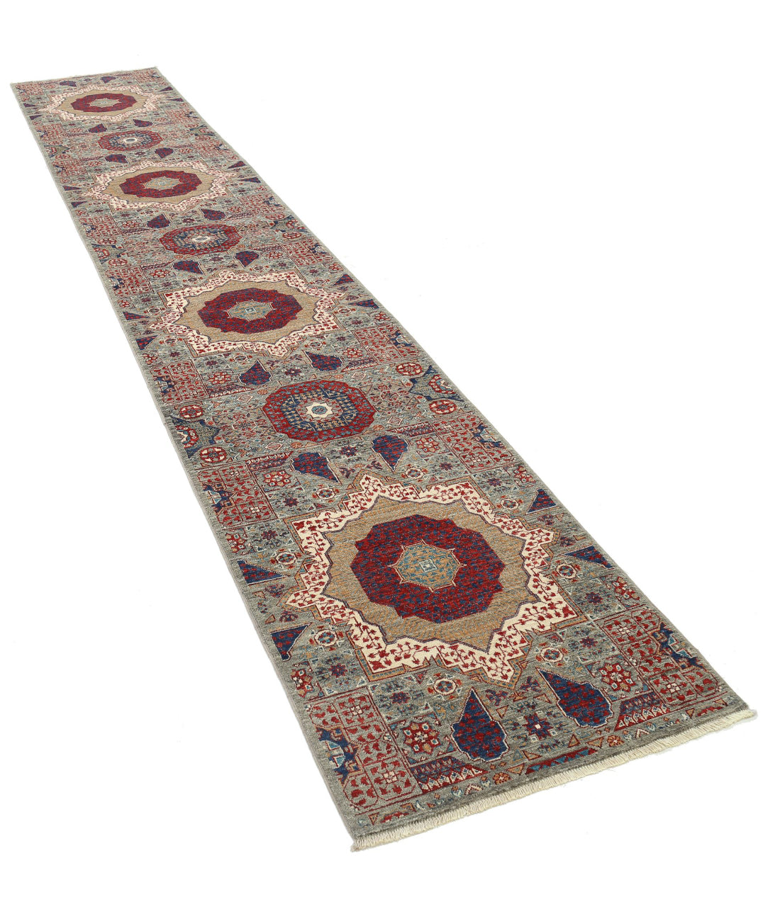 Mamluk 2'6'' X 14'7'' Hand-Knotted Wool Rug 2'6'' x 14'7'' (75 X 438) / Grey / Red