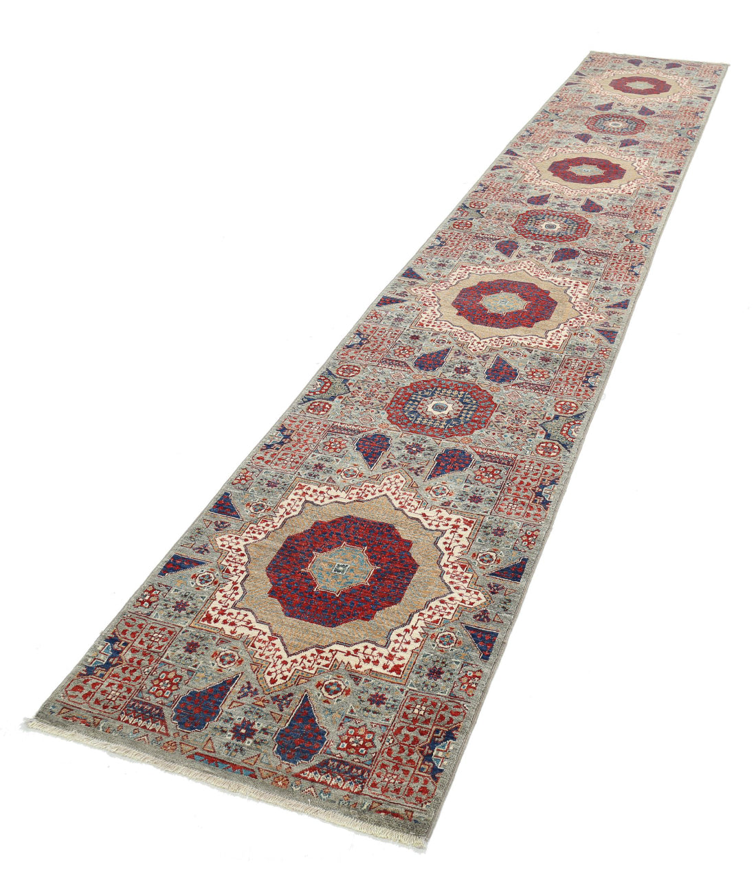 Mamluk 2'6'' X 14'7'' Hand-Knotted Wool Rug 2'6'' x 14'7'' (75 X 438) / Grey / Red