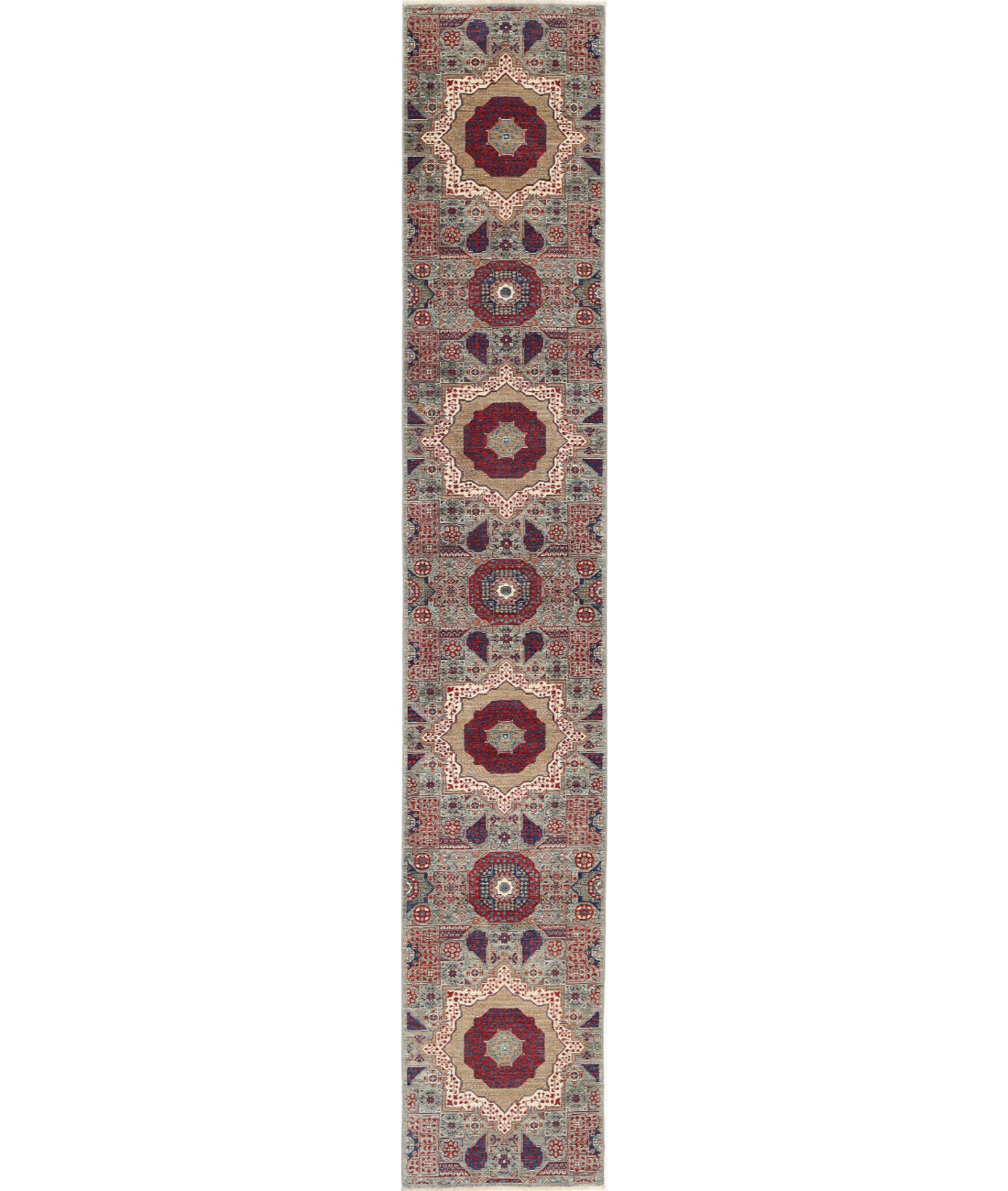 Mamluk 2'6'' X 14'7'' Hand-Knotted Wool Rug 2'6'' x 14'7'' (75 X 438) / Grey / Red