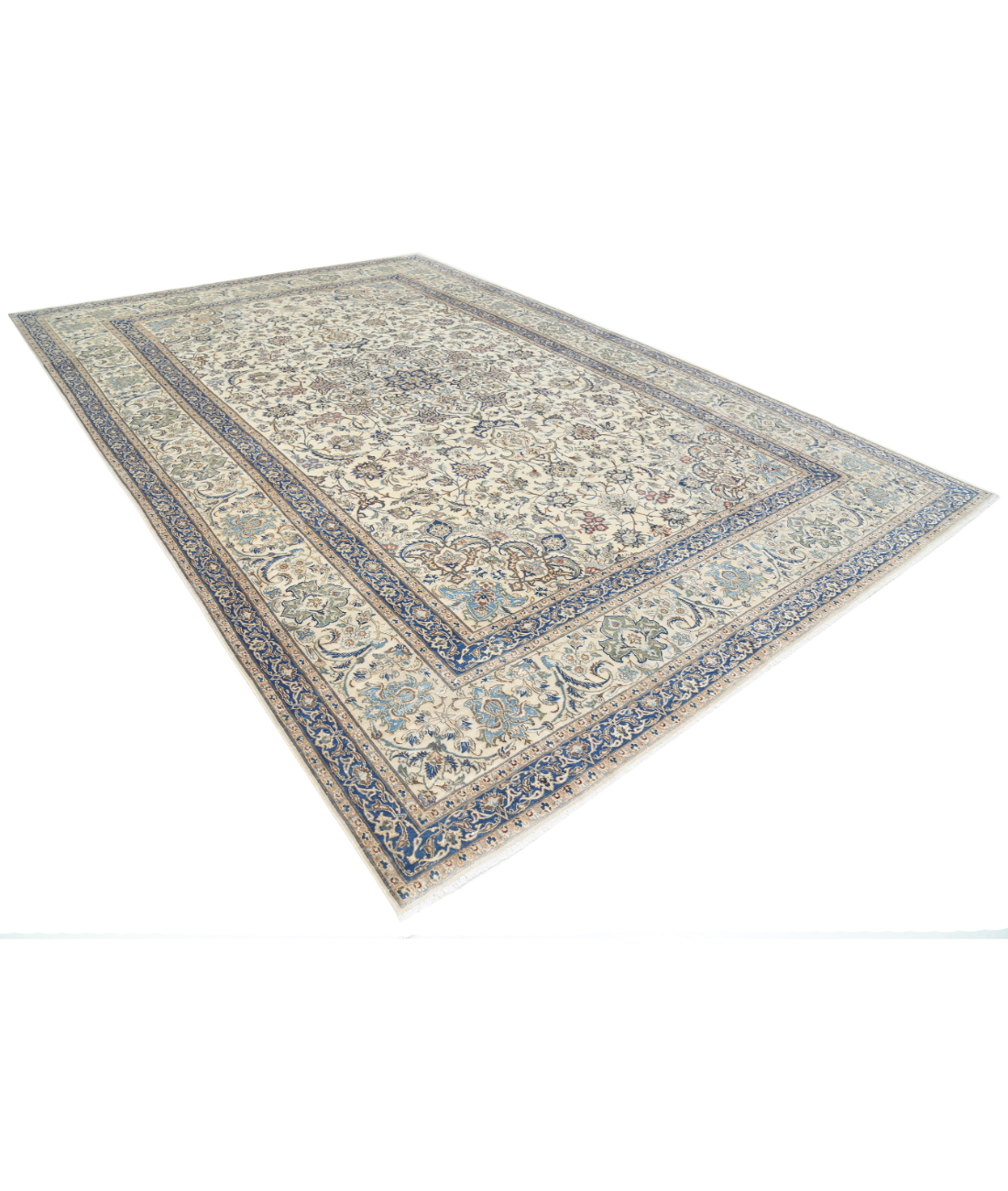 Hand Knotted Nain Wool & Silk Rug 9' 11" X 14' 10" 9' 11" X 14' 10" (302 X 452) / Ivory / Blue