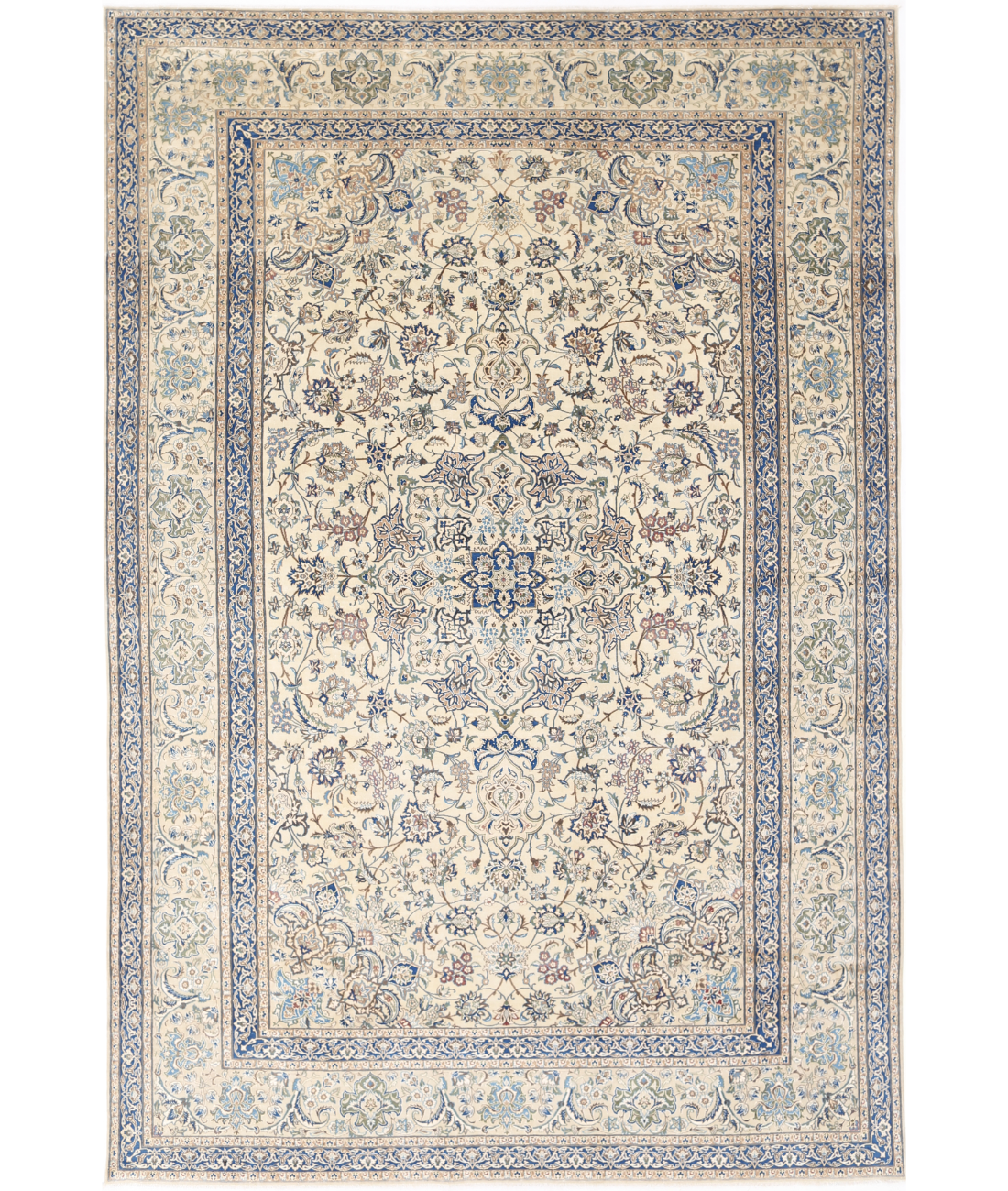 Hand Knotted Nain Wool & Silk Rug 9' 11" X 14' 10" 9' 11" X 14' 10" (302 X 452) / Ivory / Blue
