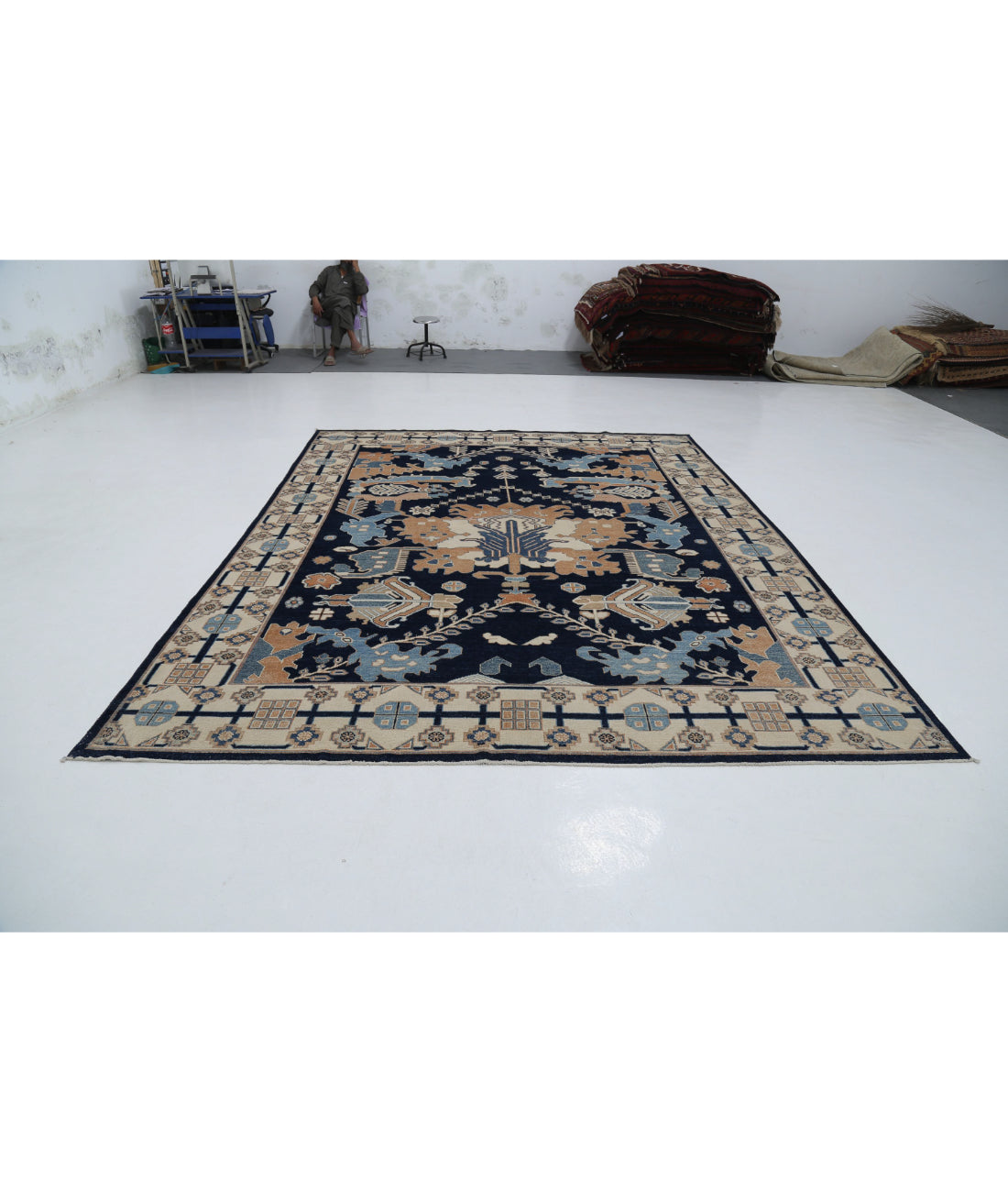 Oushak 9'2'' X 11'6'' Hand-Knotted Wool Rug 9'2'' x 11'6'' (275 X 345) / Blue / Ivory