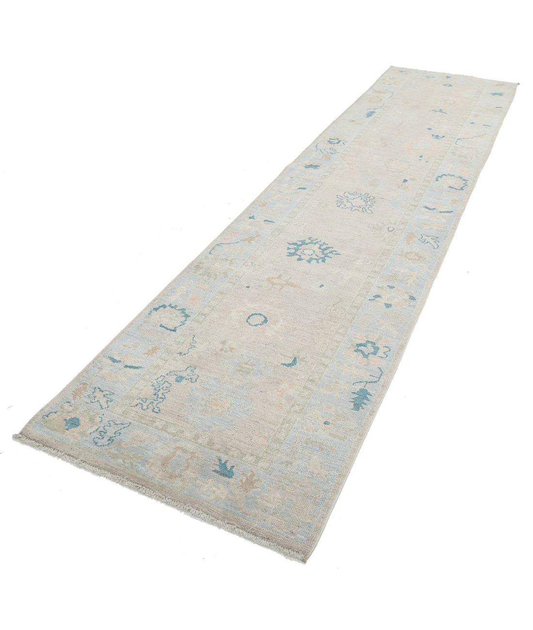 Oushak 3'2'' X 12'11'' Hand-Knotted Wool Rug 3'2'' x 12'11'' (95 X 388) / Taupe / Blue