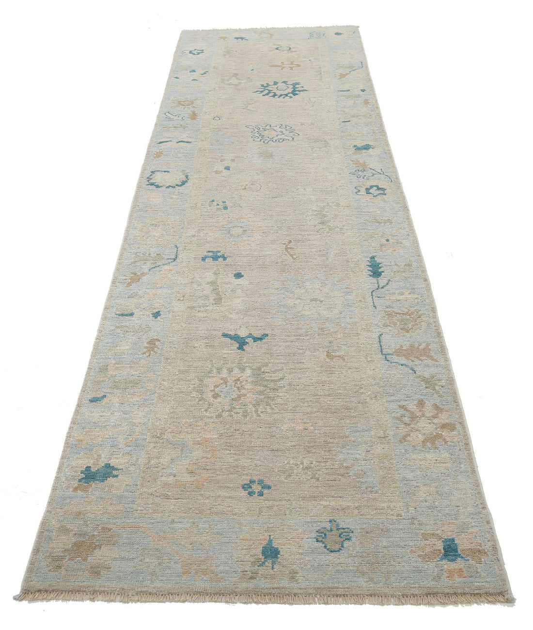 Oushak 3'1'' X 11'7'' Hand-Knotted Wool Rug 3'1'' x 11'7'' (93 X 348) / Taupe / Blue