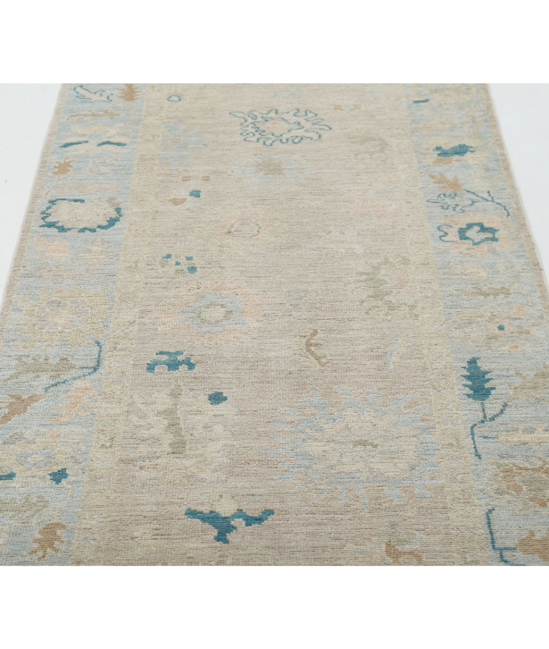 Oushak 3'1'' X 11'7'' Hand-Knotted Wool Rug 3'1'' x 11'7'' (93 X 348) / Taupe / Blue