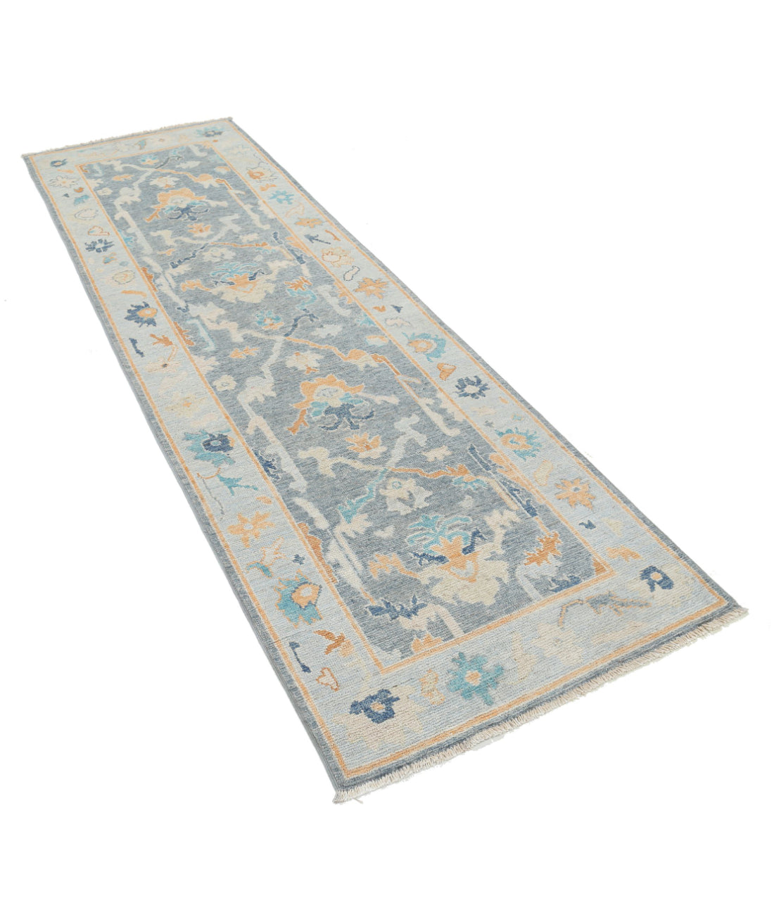 Oushak 2'10'' X 9'4'' Hand-Knotted Wool Rug 2'10'' x 9'4'' (85 X 280) / Grey / Blue