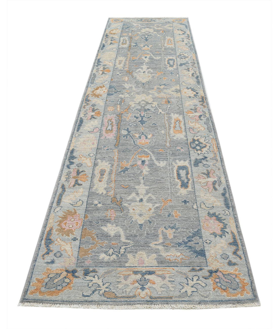 Oushak 3'3'' X 12'4'' Hand-Knotted Wool Rug 3'3'' x 12'4'' (98 X 370) / Grey / Blue