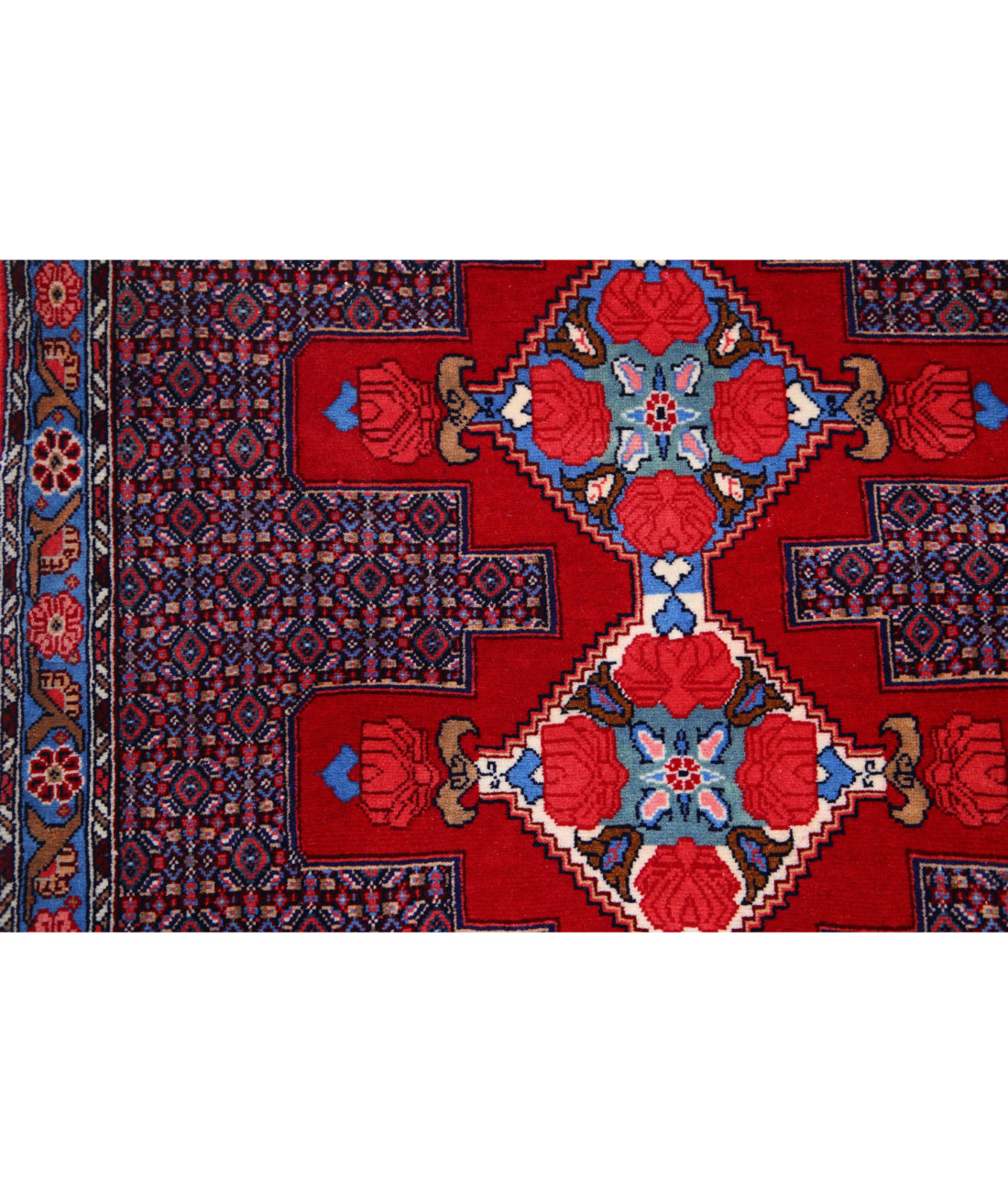 Senneh 3'1'' X 12'1'' Hand-Knotted Wool Rug 3'1'' x 12'1'' (93 X 363) / Red / Blue