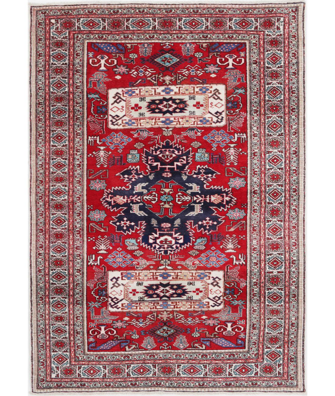 Shirvan 4'5'' X 6'3'' Hand-Knotted Wool Rug 4'5'' x 6'3'' (133 X 188) / Red / Ivory