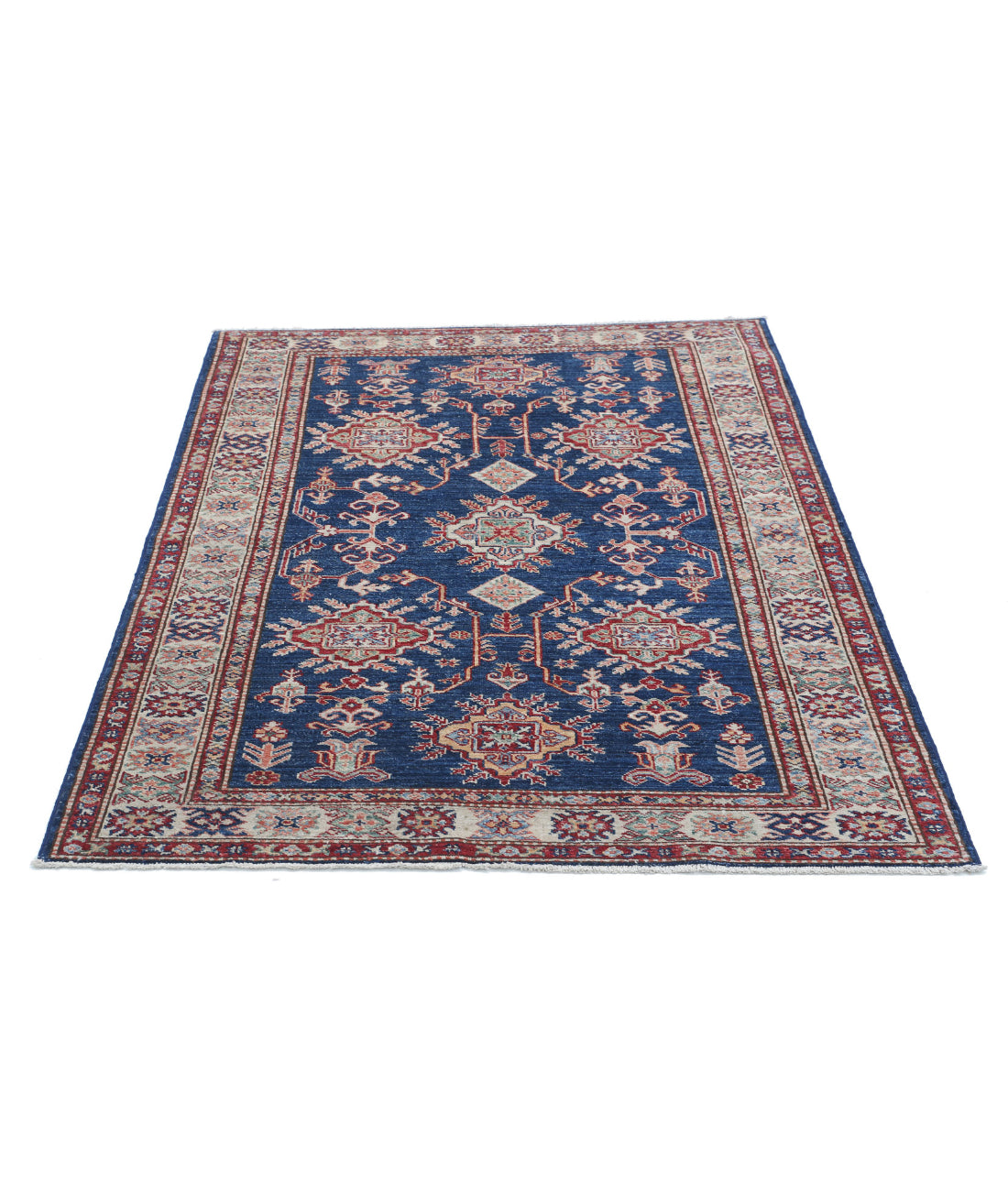 Kazak 4'0'' X 5'5'' Hand-Knotted Wool Rug 4'0'' x 5'5'' (120 X 163) / Blue / Ivory