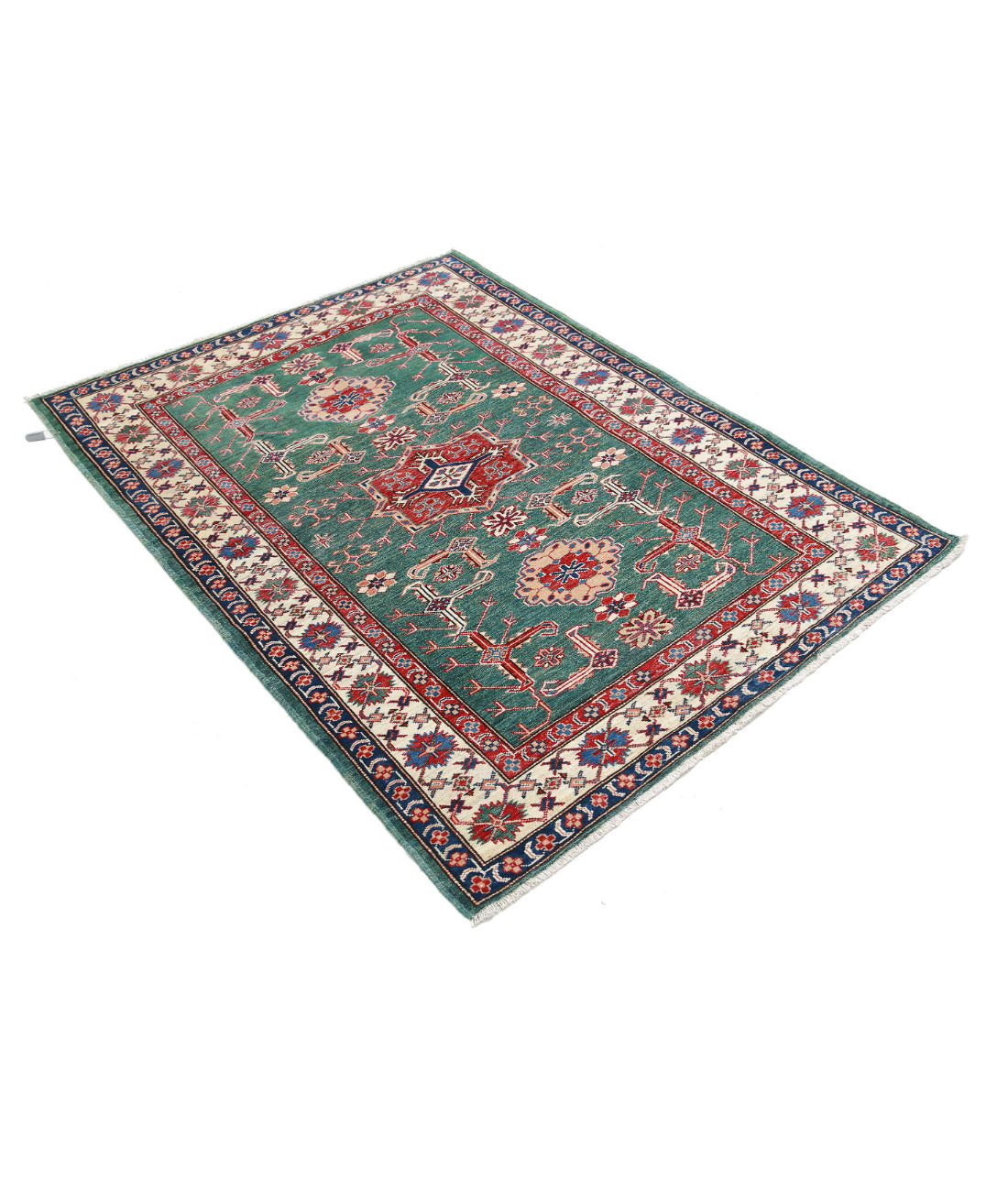 Kazak 3'10'' X 5'0'' Hand-Knotted Wool Rug 3'10'' x 5'0'' (115 X 150) / Green / Ivory