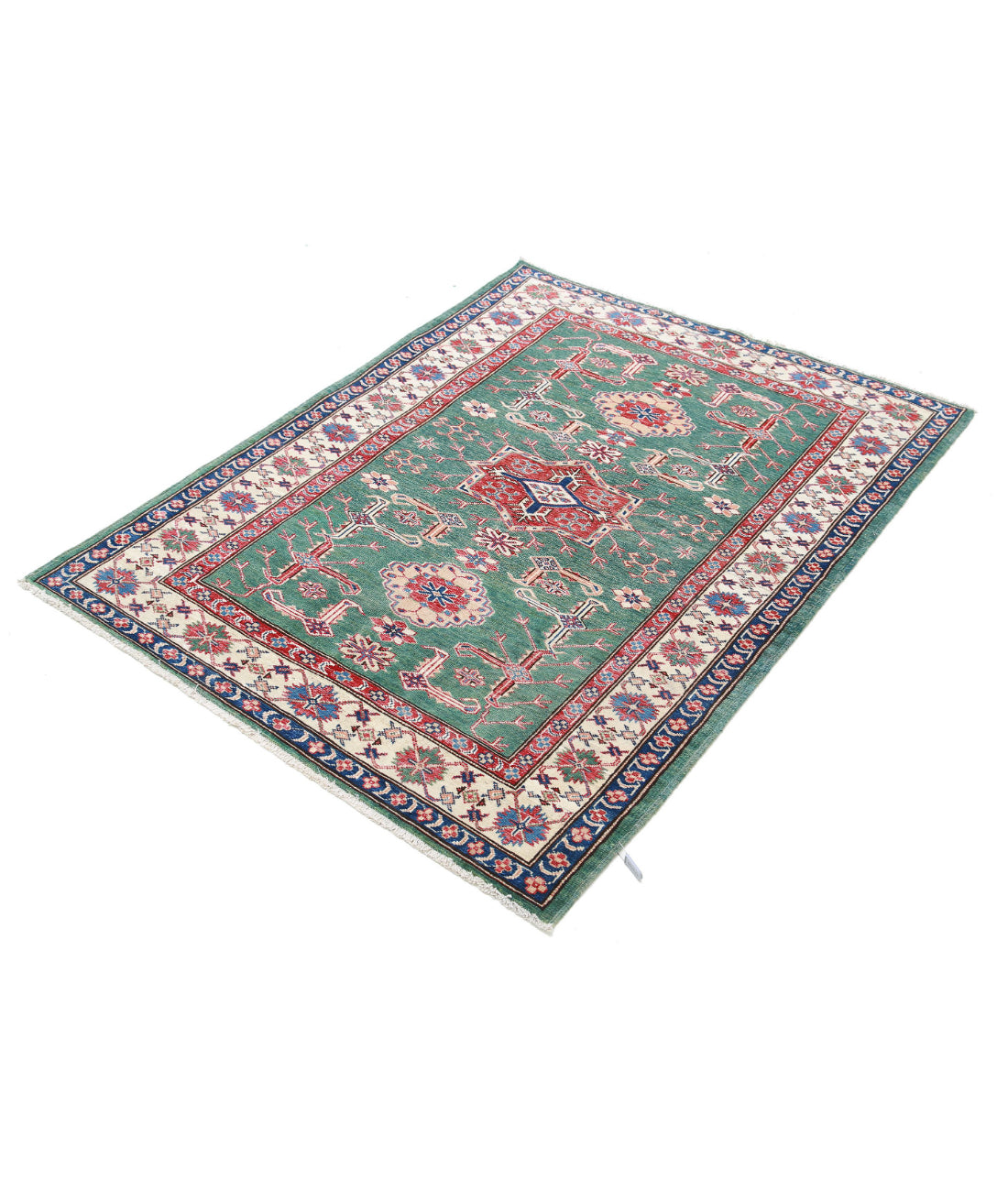 Kazak 3'10'' X 5'0'' Hand-Knotted Wool Rug 3'10'' x 5'0'' (115 X 150) / Green / Ivory