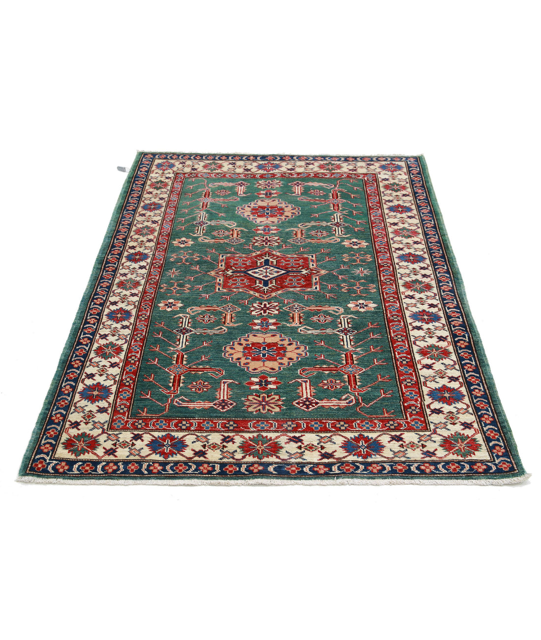 Kazak 3'10'' X 5'0'' Hand-Knotted Wool Rug 3'10'' x 5'0'' (115 X 150) / Green / Ivory