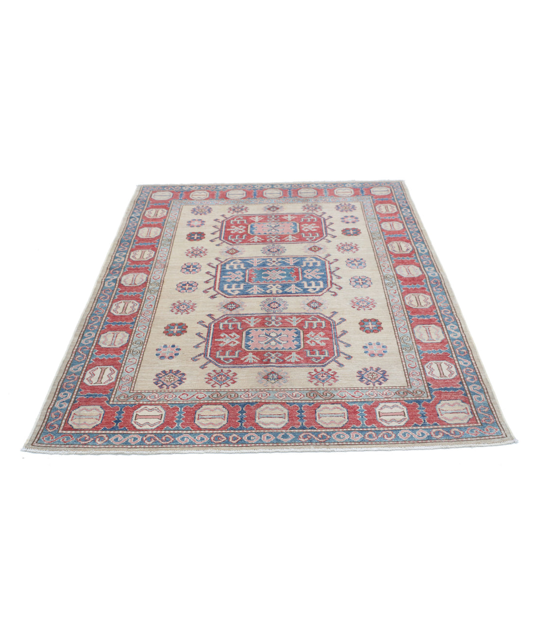 Kazak 4'8'' X 5'11'' Hand-Knotted Wool Rug 4'8'' x 5'11'' (140 X 178) / Ivory / Red