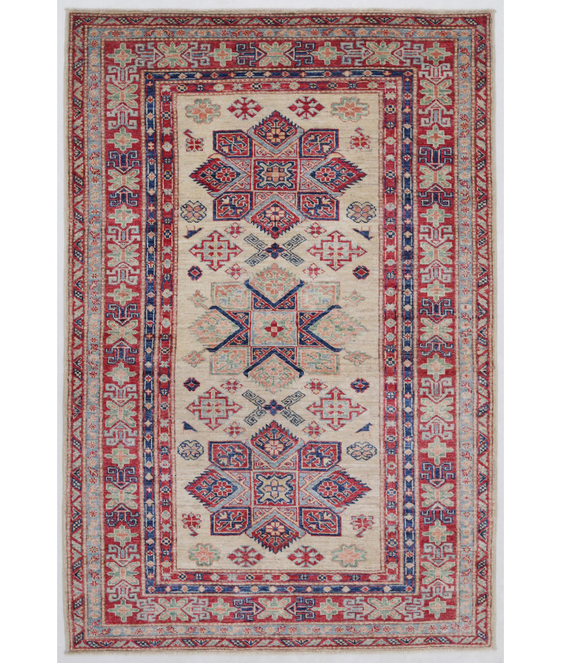 Kazak 4'0'' X 6'1'' Hand-Knotted Wool Rug 4'0'' x 6'1'' (120 X 183) / Ivory / Red