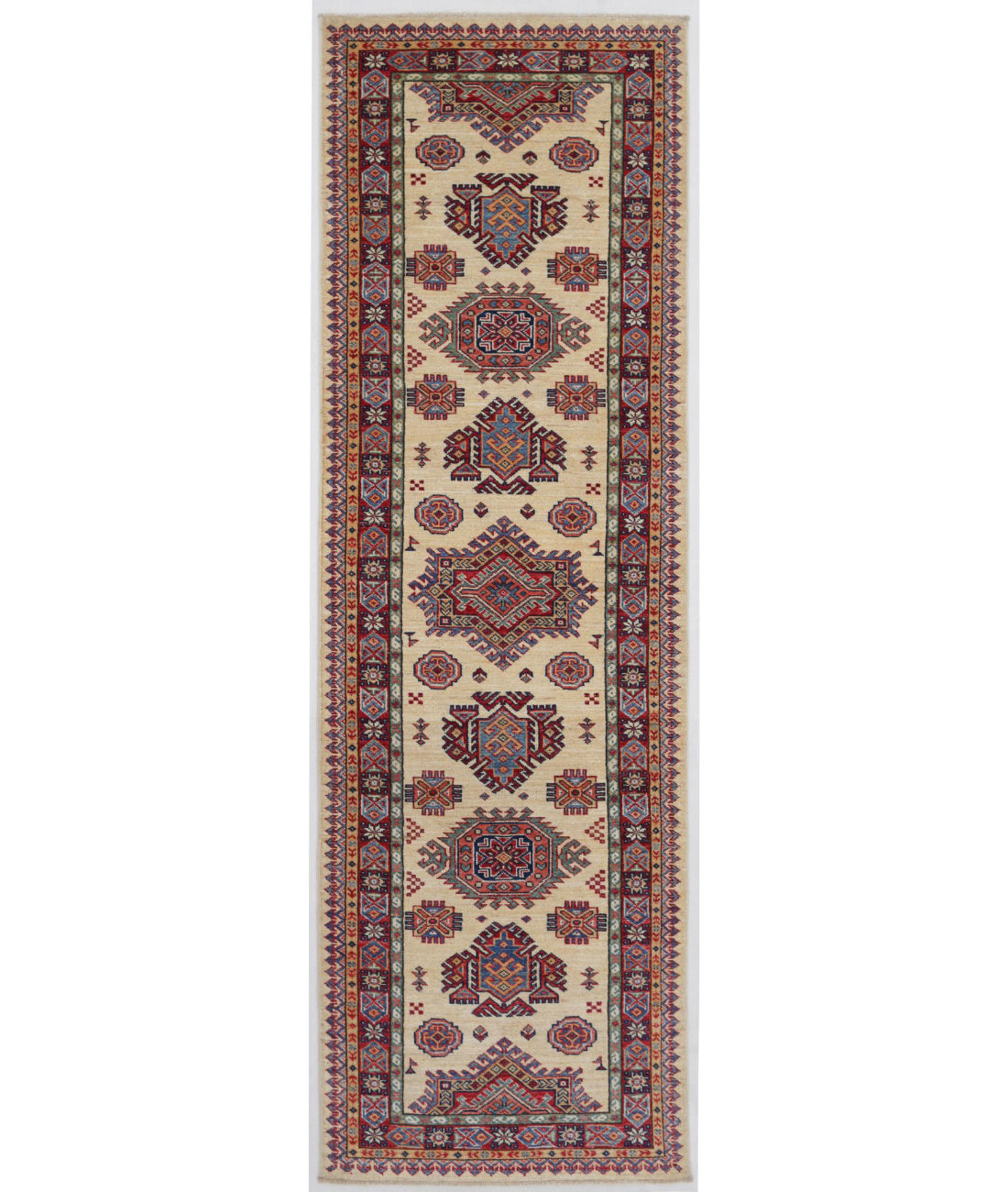 Kazak 2'7'' X 8'4'' Hand-Knotted Wool Rug 2'7'' x 8'4'' (78 X 250) / Ivory / Red