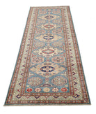 Kazak 2'9'' X 8'2'' Hand-Knotted Wool Rug 2'9'' x 8'2'' (83 X 245) / Blue / Ivory