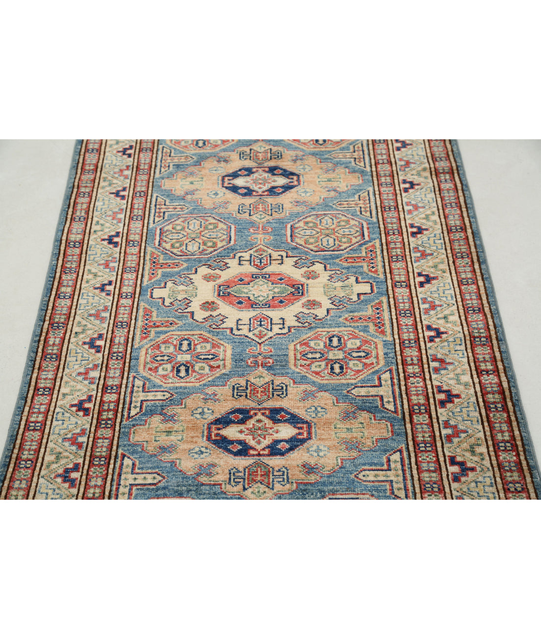 Kazak 2'9'' X 8'2'' Hand-Knotted Wool Rug 2'9'' x 8'2'' (83 X 245) / Blue / Ivory