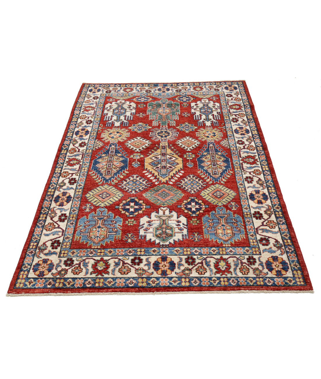 Kazak 4'0'' X 6'2'' Hand-Knotted Wool Rug 4'0'' x 6'2'' (120 X 185) / Red / Ivory