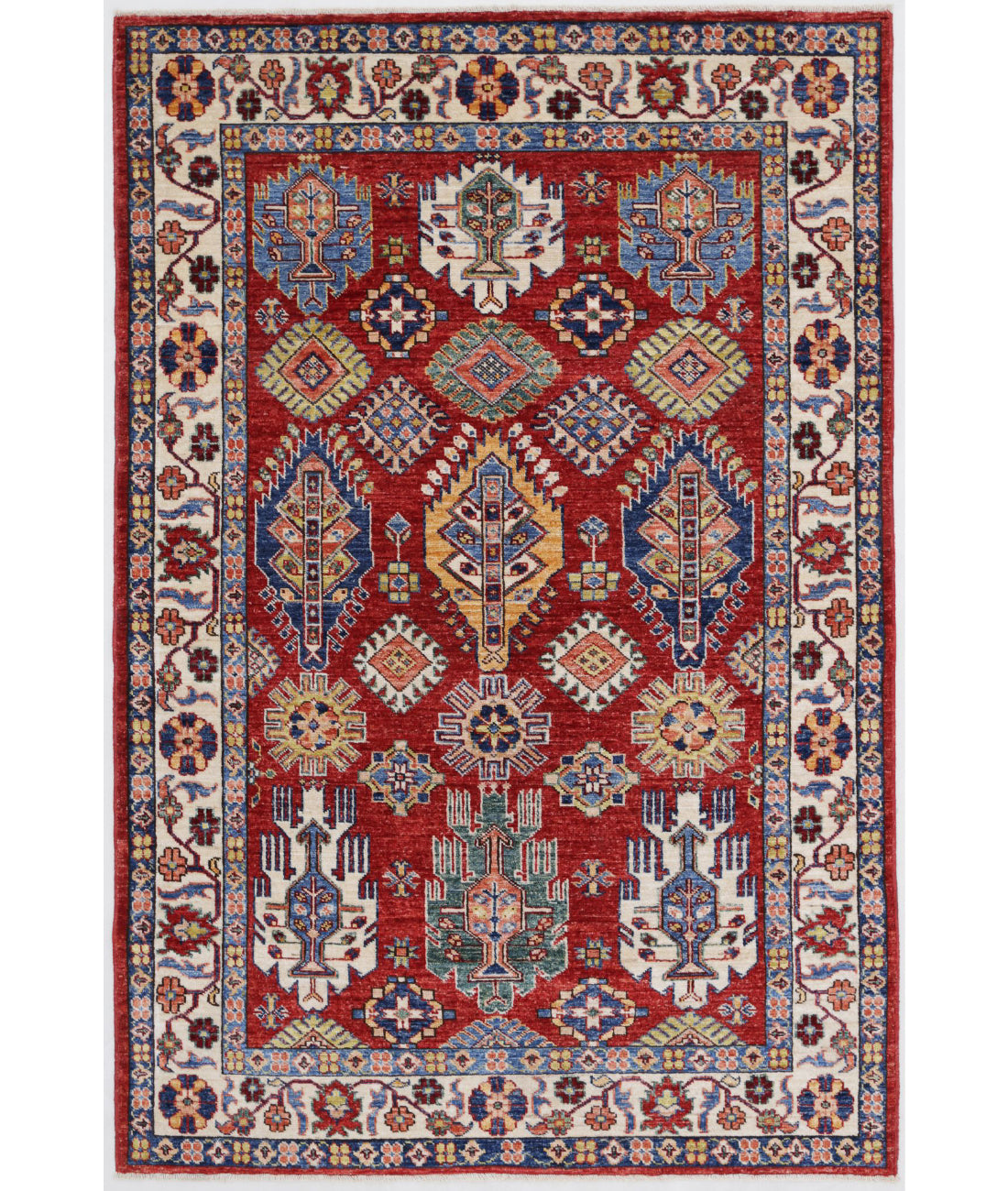 Kazak 4'0'' X 6'2'' Hand-Knotted Wool Rug 4'0'' x 6'2'' (120 X 185) / Red / Ivory