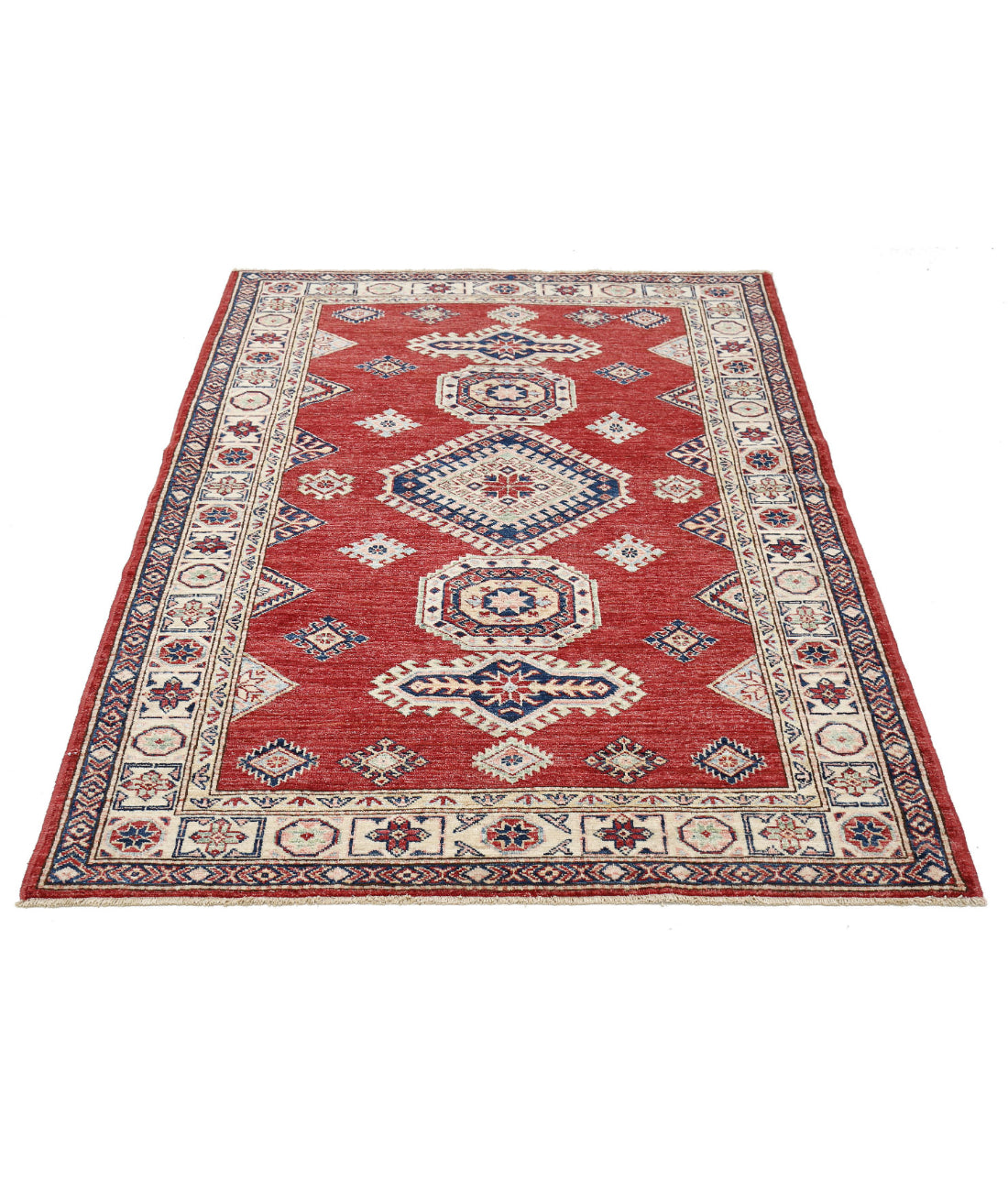 Kazak 4'2'' X 5'9'' Hand-Knotted Wool Rug 4'2'' x 5'9'' (125 X 173) / Red / Ivory