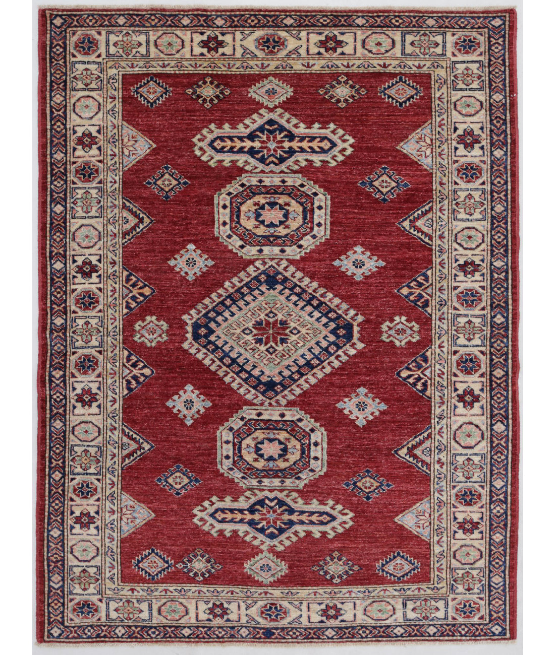 Kazak 4'2'' X 5'9'' Hand-Knotted Wool Rug 4'2'' x 5'9'' (125 X 173) / Red / Ivory