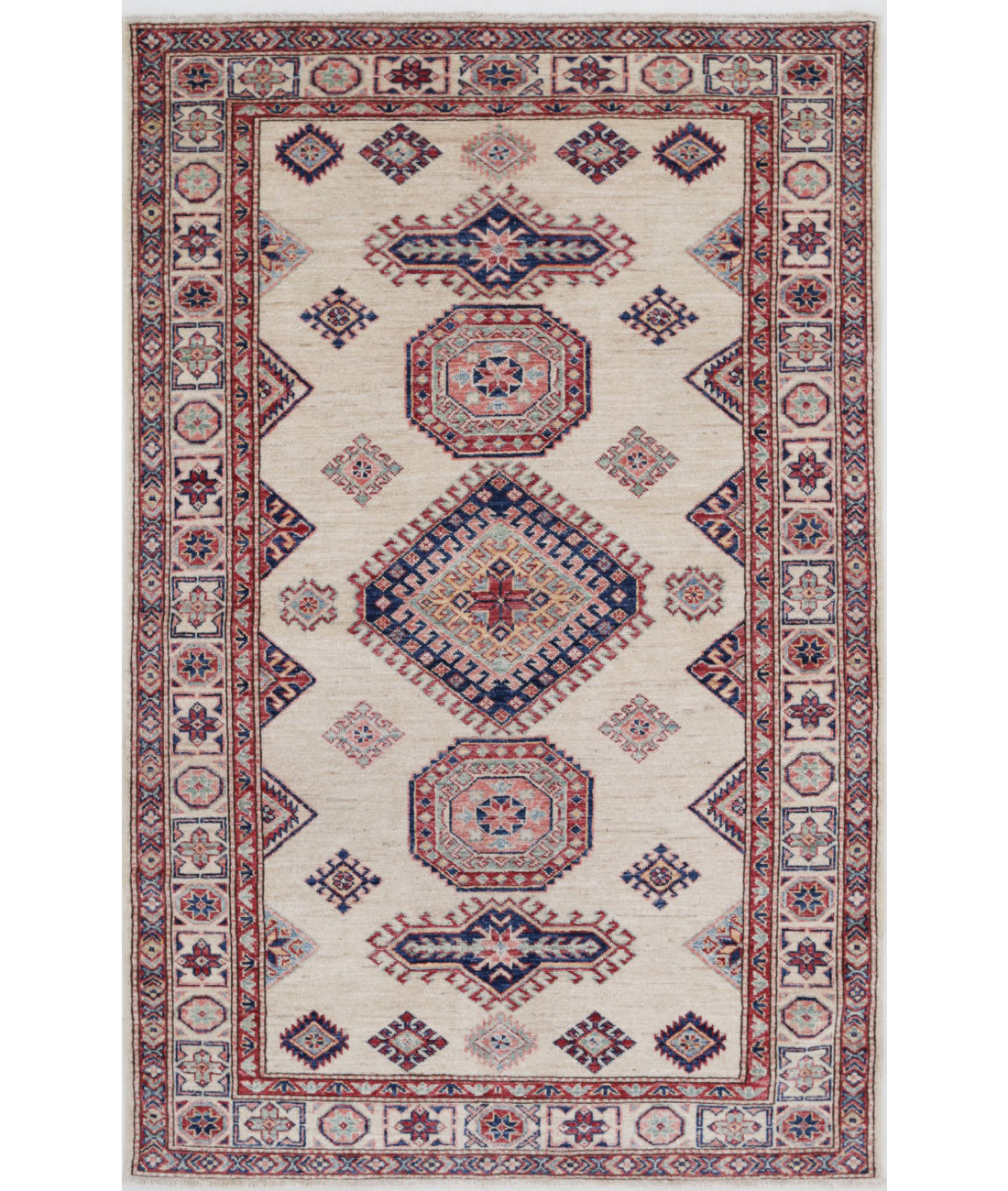 Kazak 3'10'' X 6'3'' Hand-Knotted Wool Rug 3'10'' x 6'3'' (115 X 188) / Ivory / Red