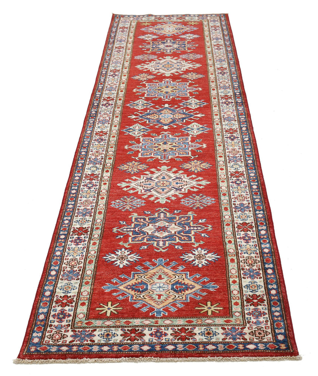 Kazak 2'8'' X 9'6'' Hand-Knotted Wool Rug 2'8'' x 9'6'' (80 X 285) / Red / Ivory