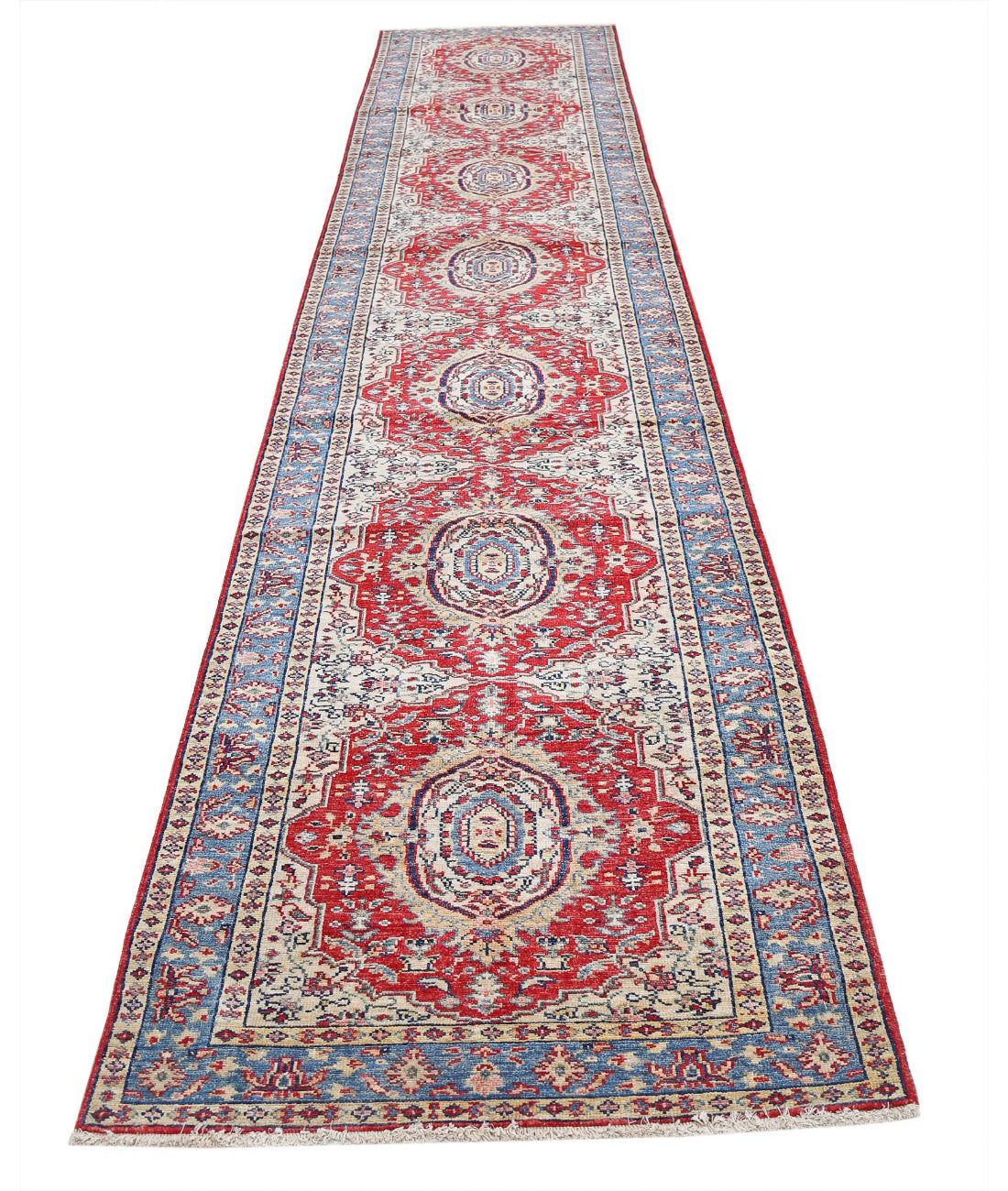 Kazak 2'8'' X 13'9'' Hand-Knotted Wool Rug 2'8'' x 13'9'' (80 X 413) / Red / Blue