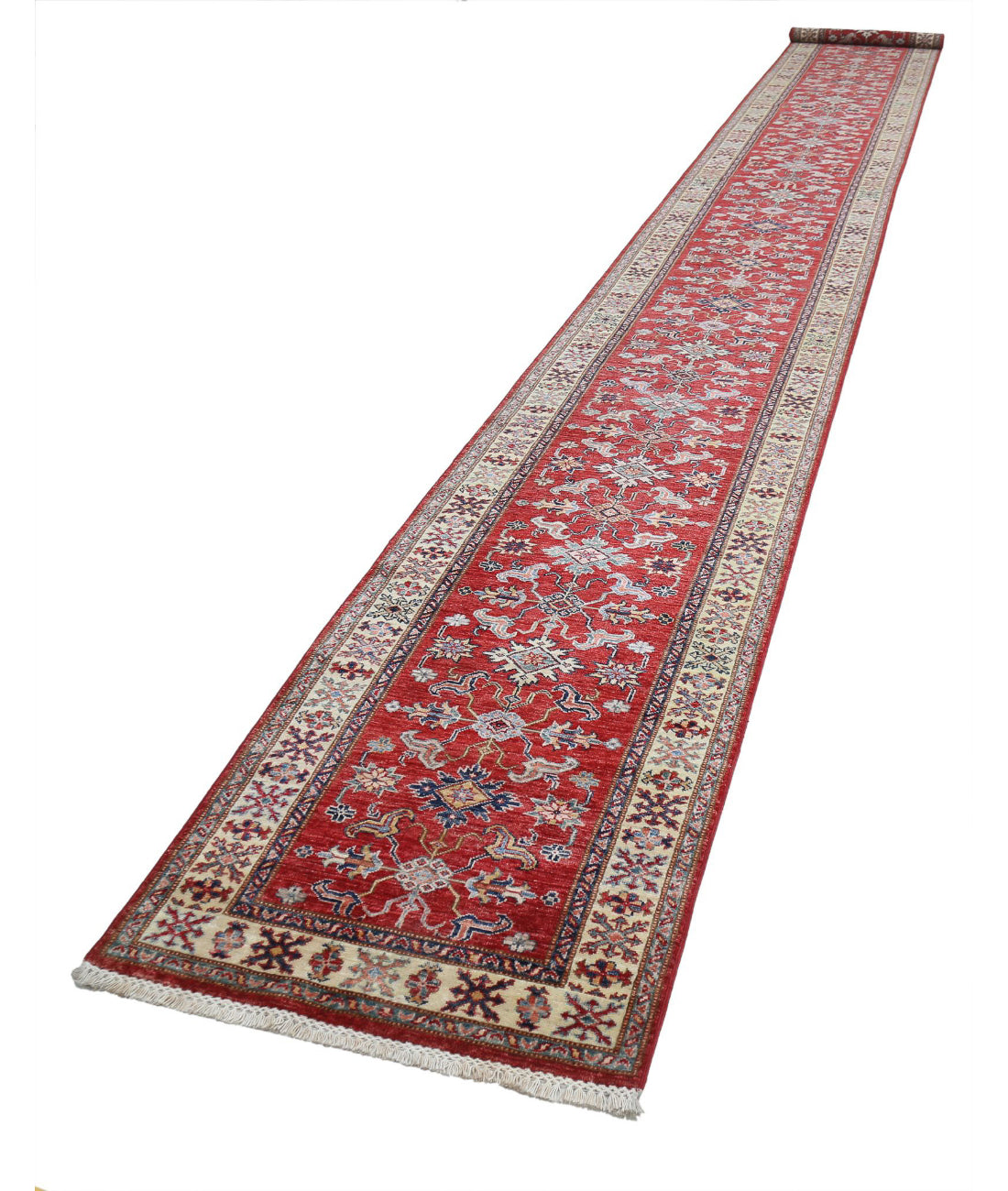 Kazak 2'7'' X 23'0'' Hand-Knotted Wool Rug 2'7'' x 23'0'' (78 X 690) / Red / Ivory