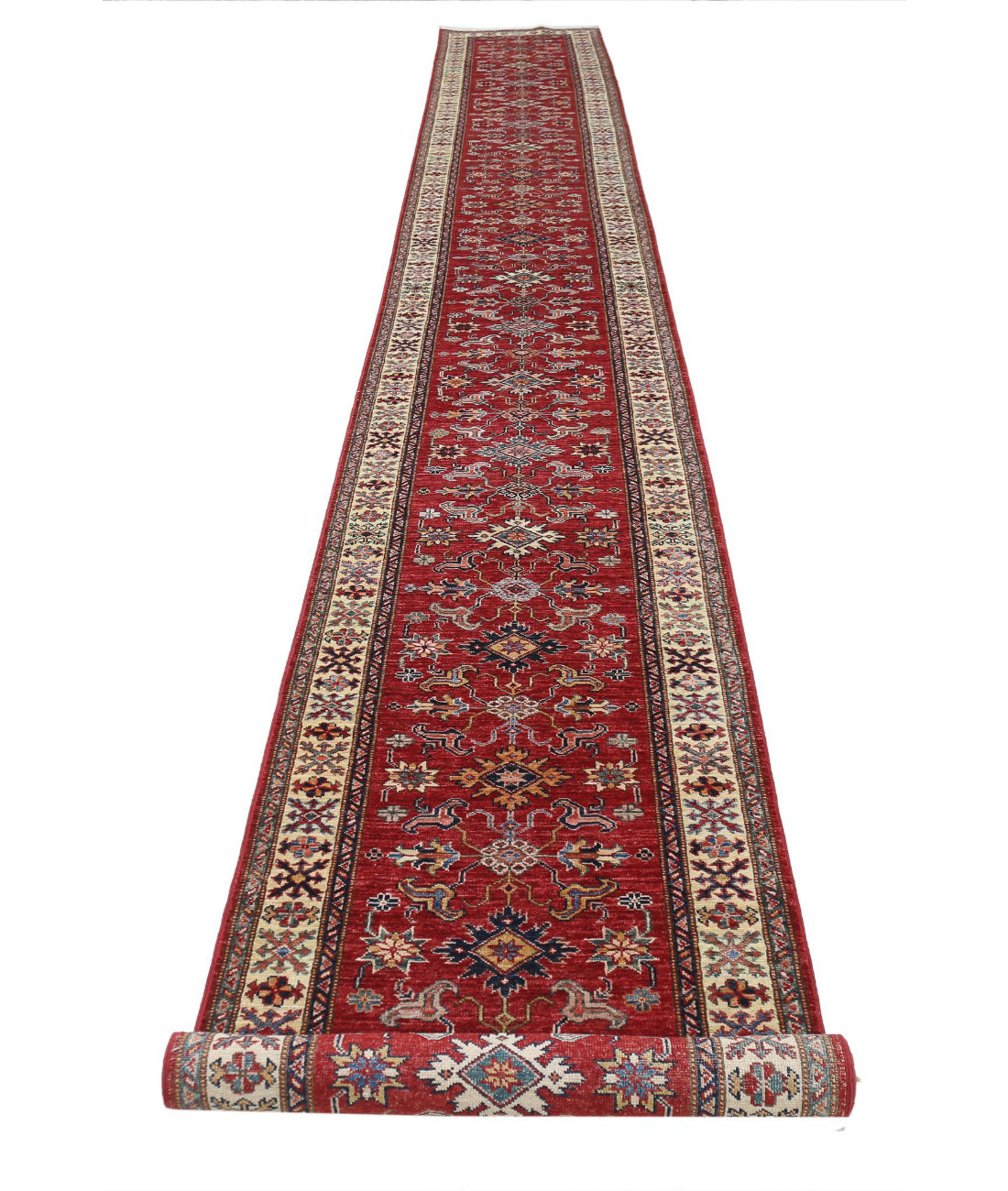 Kazak 2'7'' X 23'0'' Hand-Knotted Wool Rug 2'7'' x 23'0'' (78 X 690) / Red / Ivory