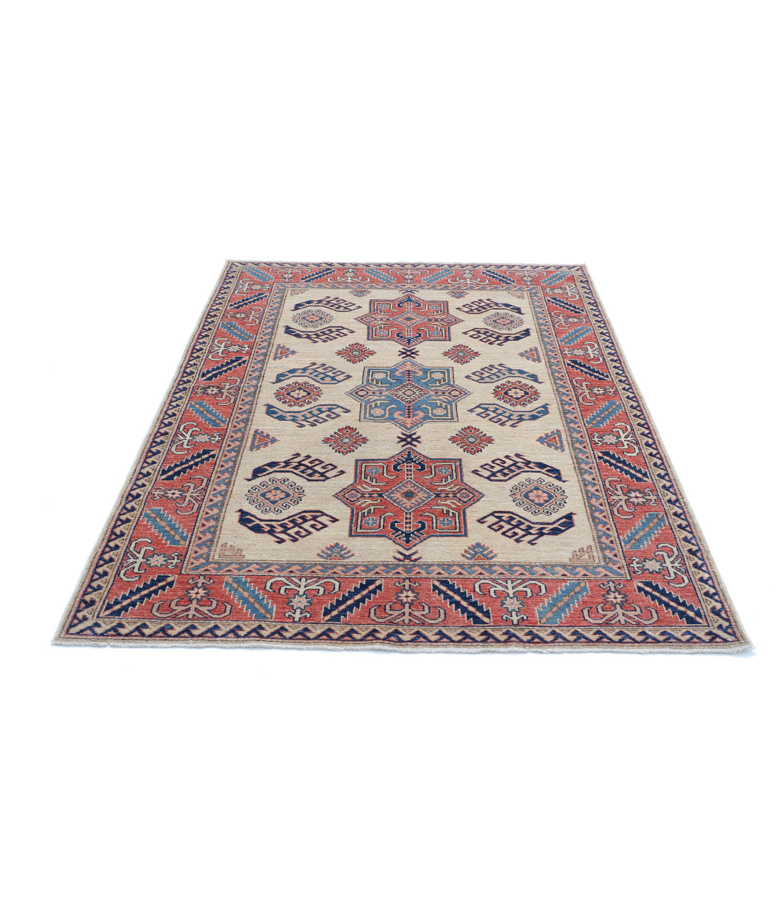 Kazak 4'11'' X 6'9'' Hand-Knotted Wool Rug 4'11'' x 6'9'' (148 X 203) / Ivory / Pink