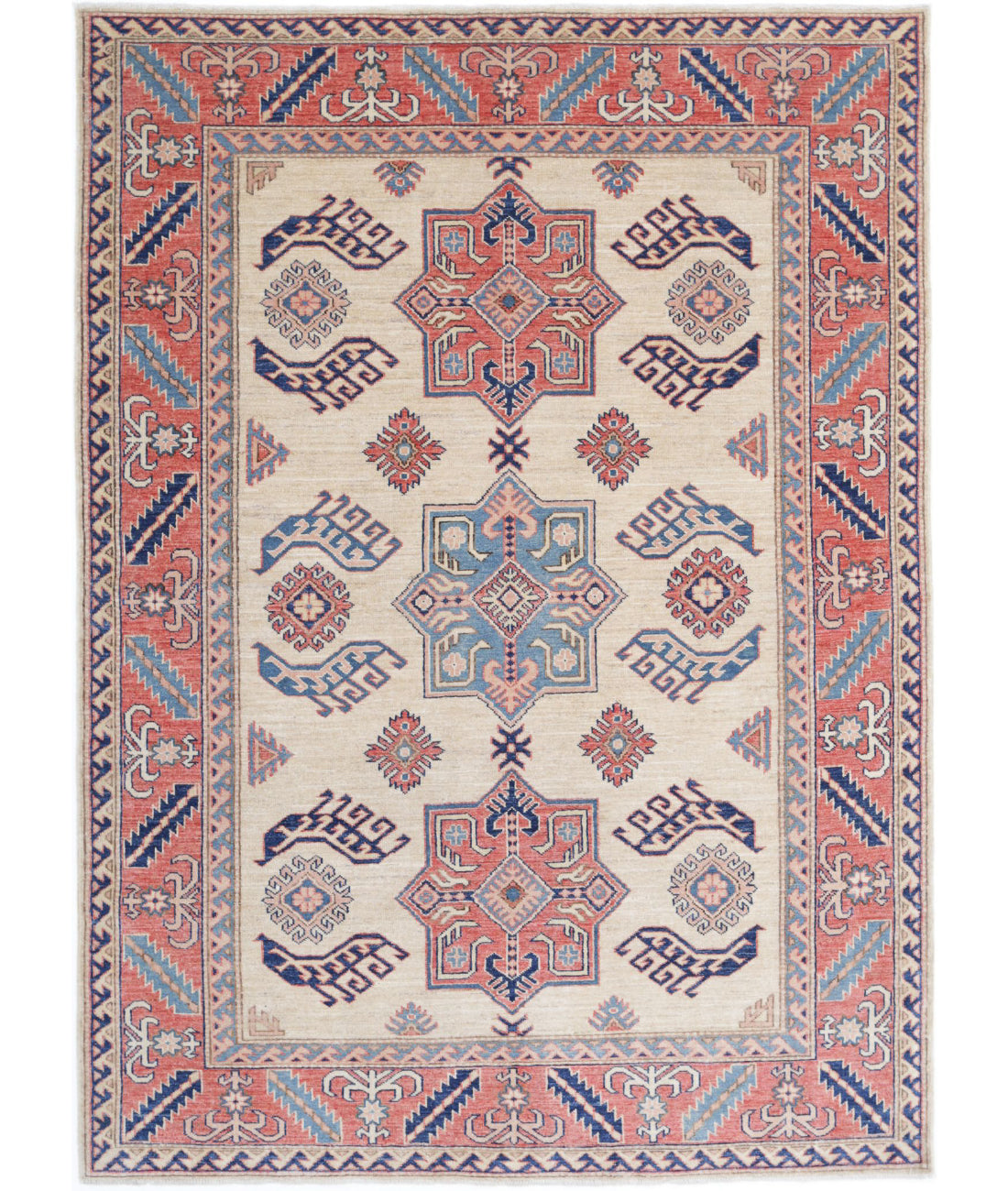 Kazak 4'11'' X 6'9'' Hand-Knotted Wool Rug 4'11'' x 6'9'' (148 X 203) / Ivory / Pink