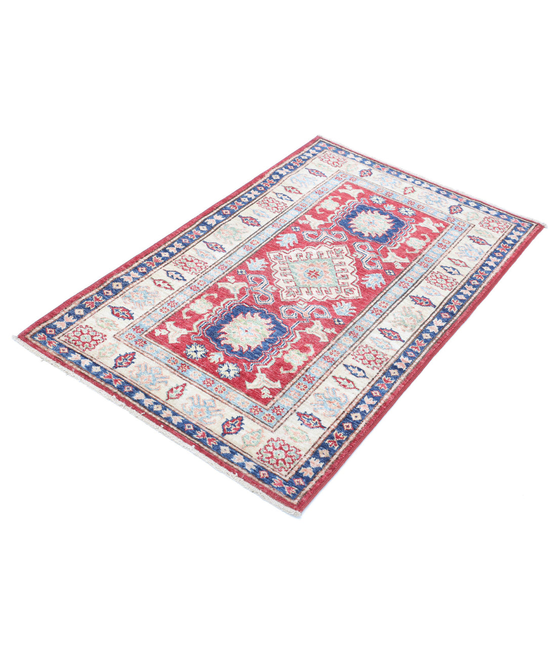 Kazak 2'8'' X 4'2'' Hand-Knotted Wool Rug 2'8'' x 4'2'' (80 X 125) / Red / Ivory