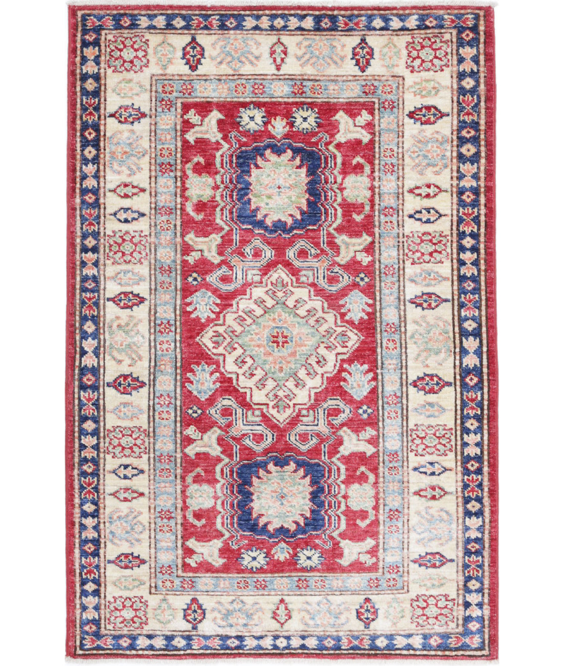 Kazak 2'8'' X 4'2'' Hand-Knotted Wool Rug 2'8'' x 4'2'' (80 X 125) / Red / Ivory