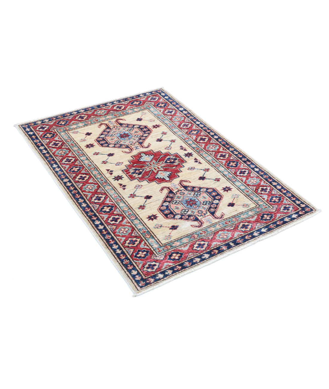 Kazak 2'11'' X 4'1'' Hand-Knotted Wool Rug 2'11'' x 4'1'' (88 X 123) / Ivory / Red